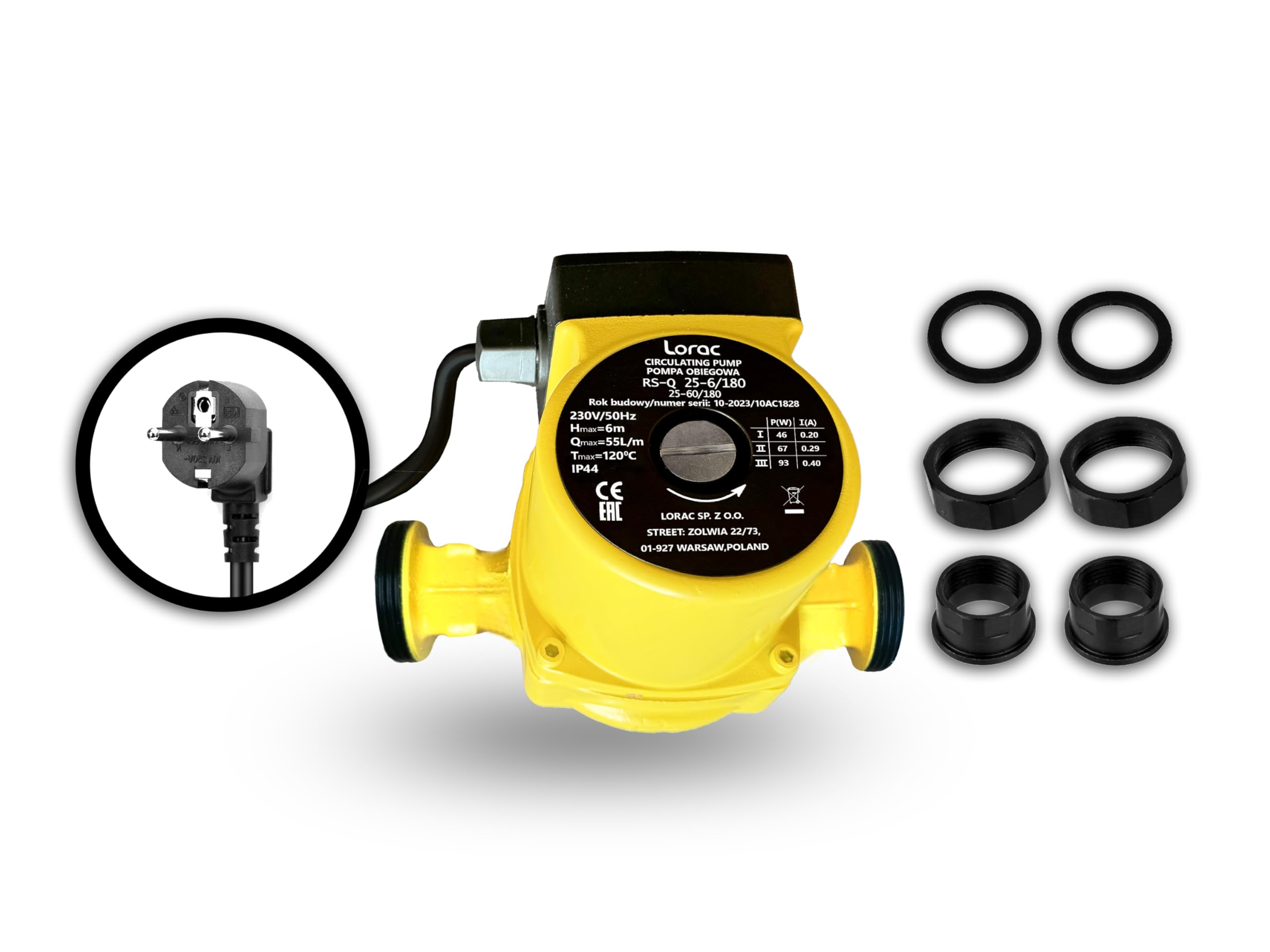 LORAC | Pompe de circulation 220-240 V, 3 niveaux de puissance (46/67/93W), pour chauffage central, piscine, pompe à chaleur, système solaire, débit max 55 l/min, IP44, surpresseur pour eau chaude