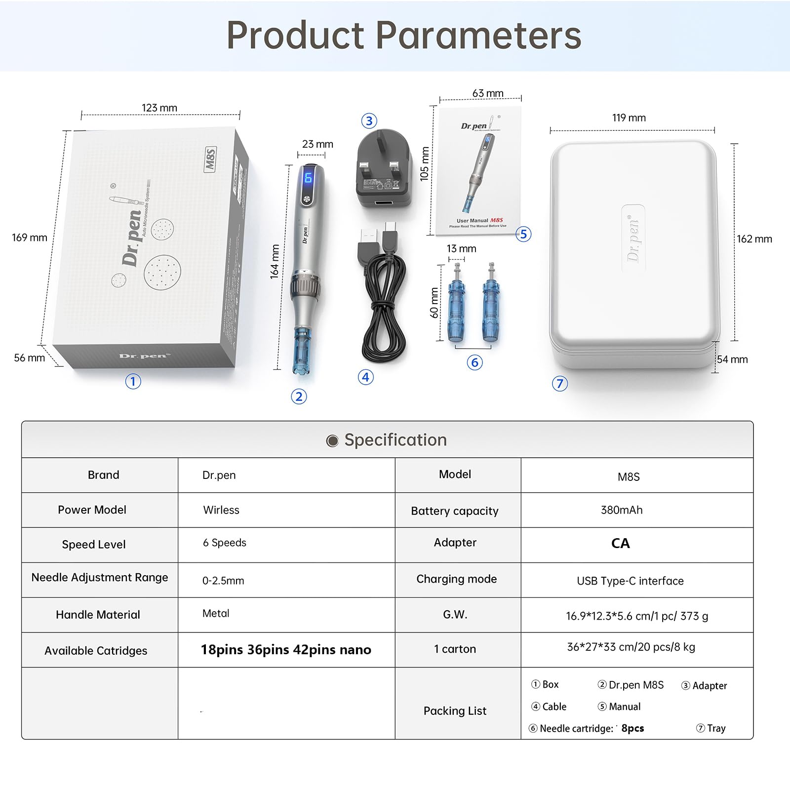 Dr. Pen Microneedling Pen – M8S Wireless & Wired Operation | Adjustable 0–2.5mm Needle Depth | LED Digital Display | 6 Speed Levels (Up to 18,000 RPM) | Includes Multiple Needle Cartridges | Professional Skincare Tool for Face, Body & Hair — view 7