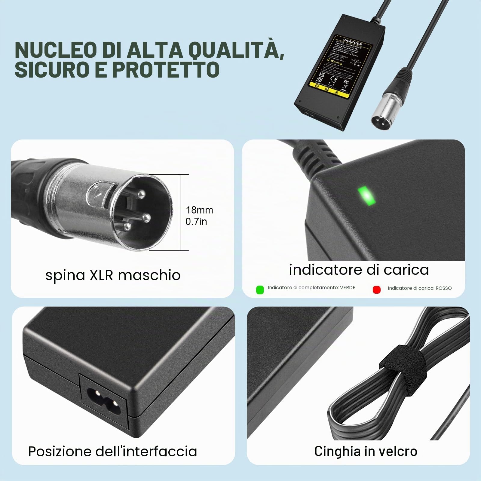 Labtec Caricabatteria 42V 36V 2A per Batteria al litio con connettore XLR a 3 pin per Bici Elettrica Monopattino Elettrico Sedia a Rotelle Elettrica