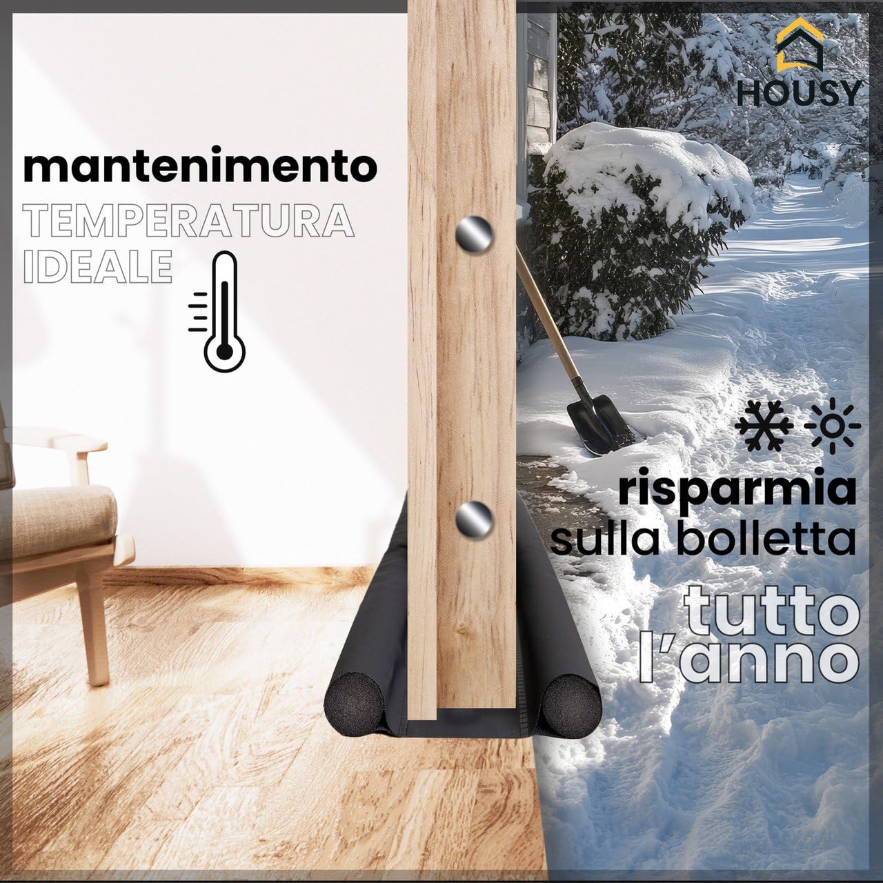HOUSY Paraspifferi Sottoporta Blindata o Ingresso fino a 10cm di Spessore - Lunghezza Salsicciotto 90cm (Per porte con spessore di 10 cm)