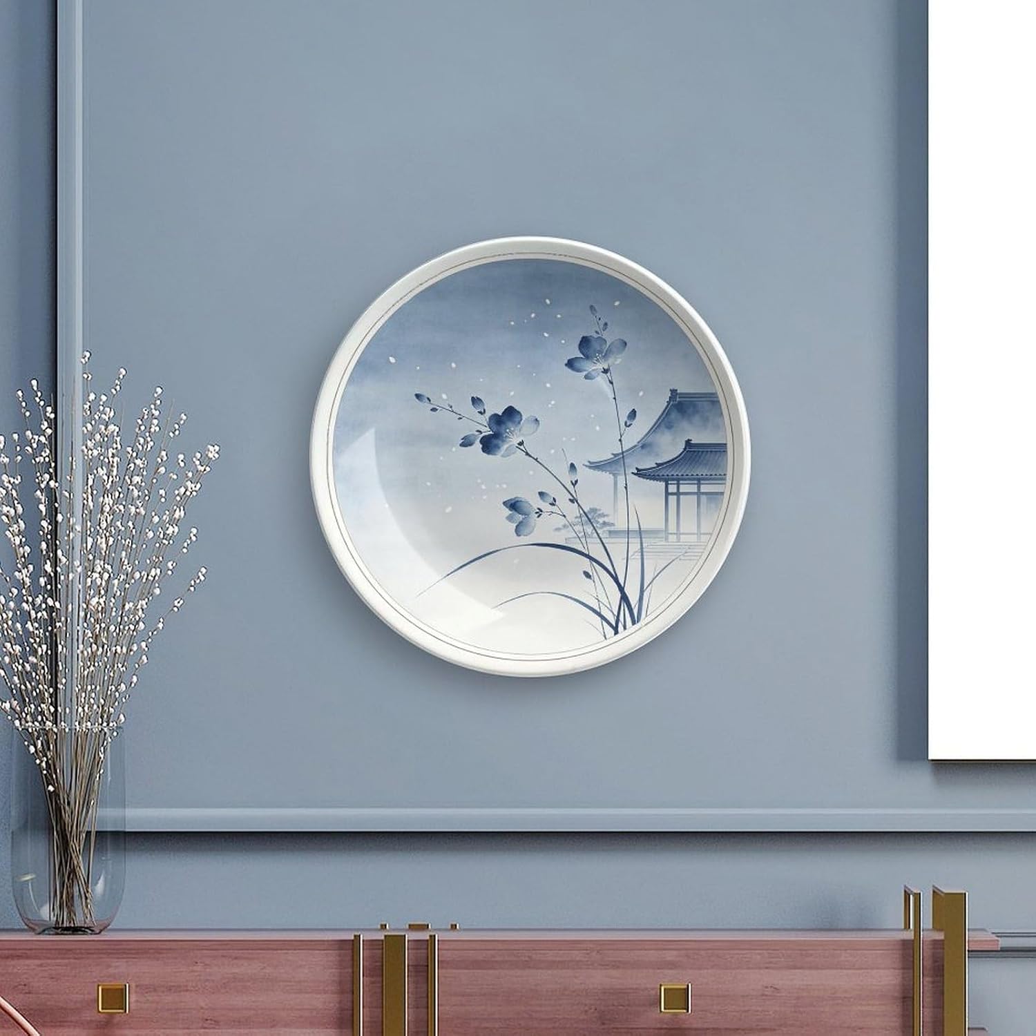 Blue White Porcelain Hanging Plate, Branches Reaching Distant Pavilion on Pure White for Elegant Hallway Bone China Decorative Plate, 7inch Wall Art Home Decor