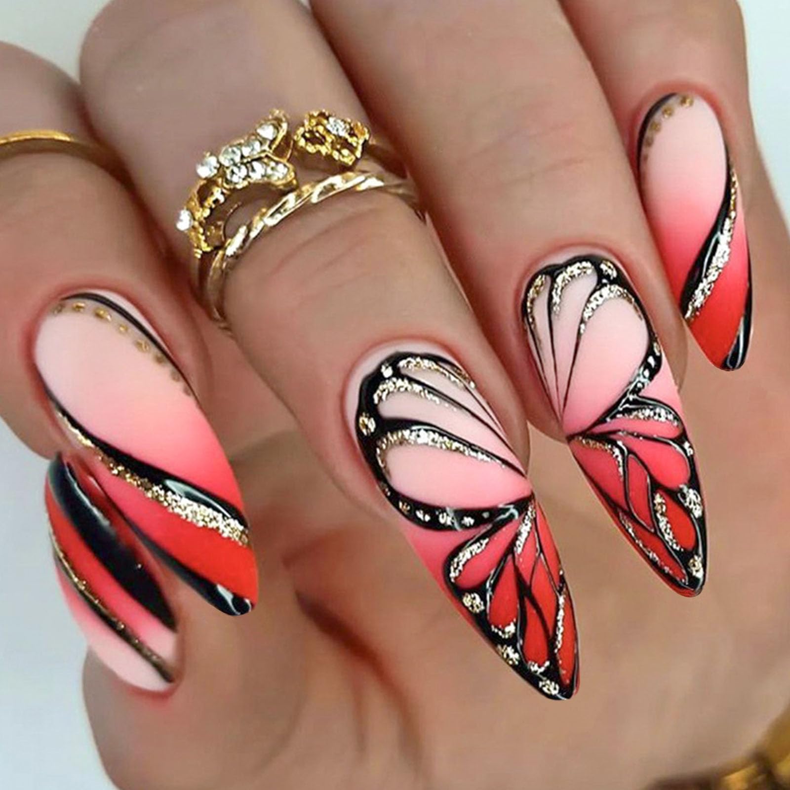 Red Gradient Almond Press on Nails Medium Long Length Acrylic Nails Artificial False Nails with Glitter Butterfly Designs Full Cover Fake Nails Glossy