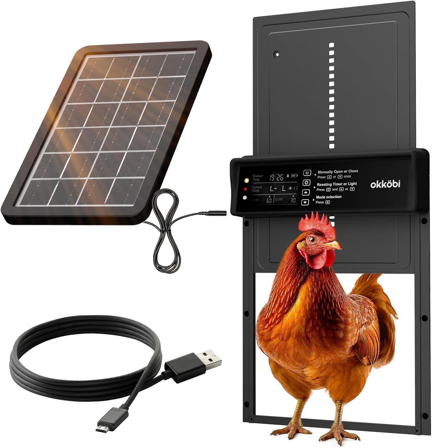 DGRTDZ Solar Powered Automatic Chicken Coop Door – 6000mAh, LCD Touchscreen, Radar & Timer & Light Sensor, Aluminum Alloy, Brown