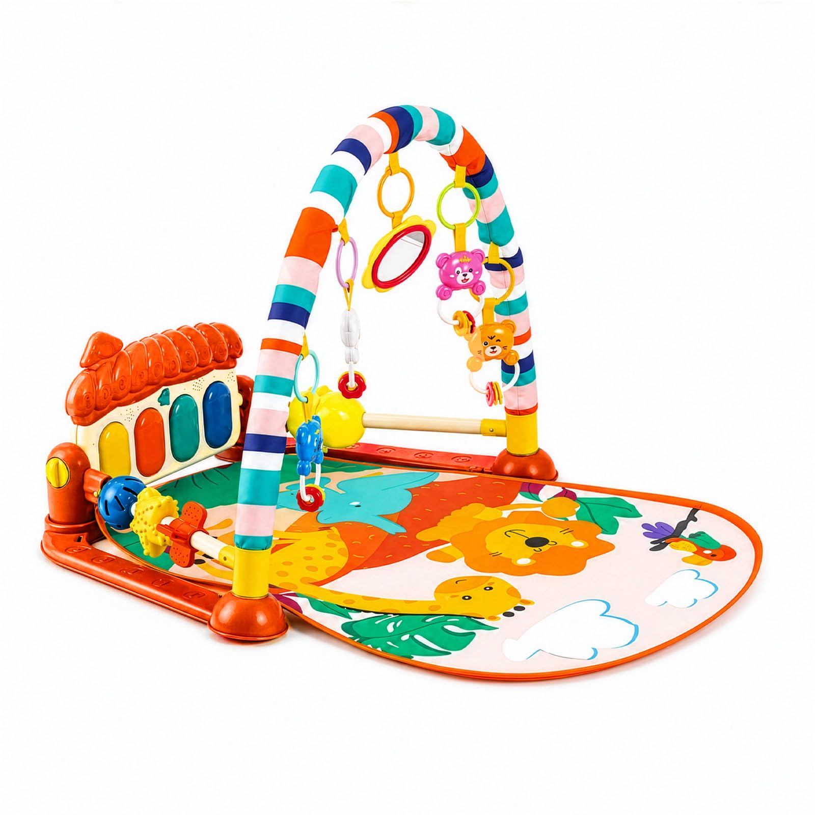 BREEZENEST Baby Play Mat Gym 6-in-1 Activity Center with Kick Piano, Sensory Toys & Mirror, Extra Guardrail Tummy Time Play Mat for Newborn to 12 Months Baby Activity Gym & Play Mat (Animal Pink)