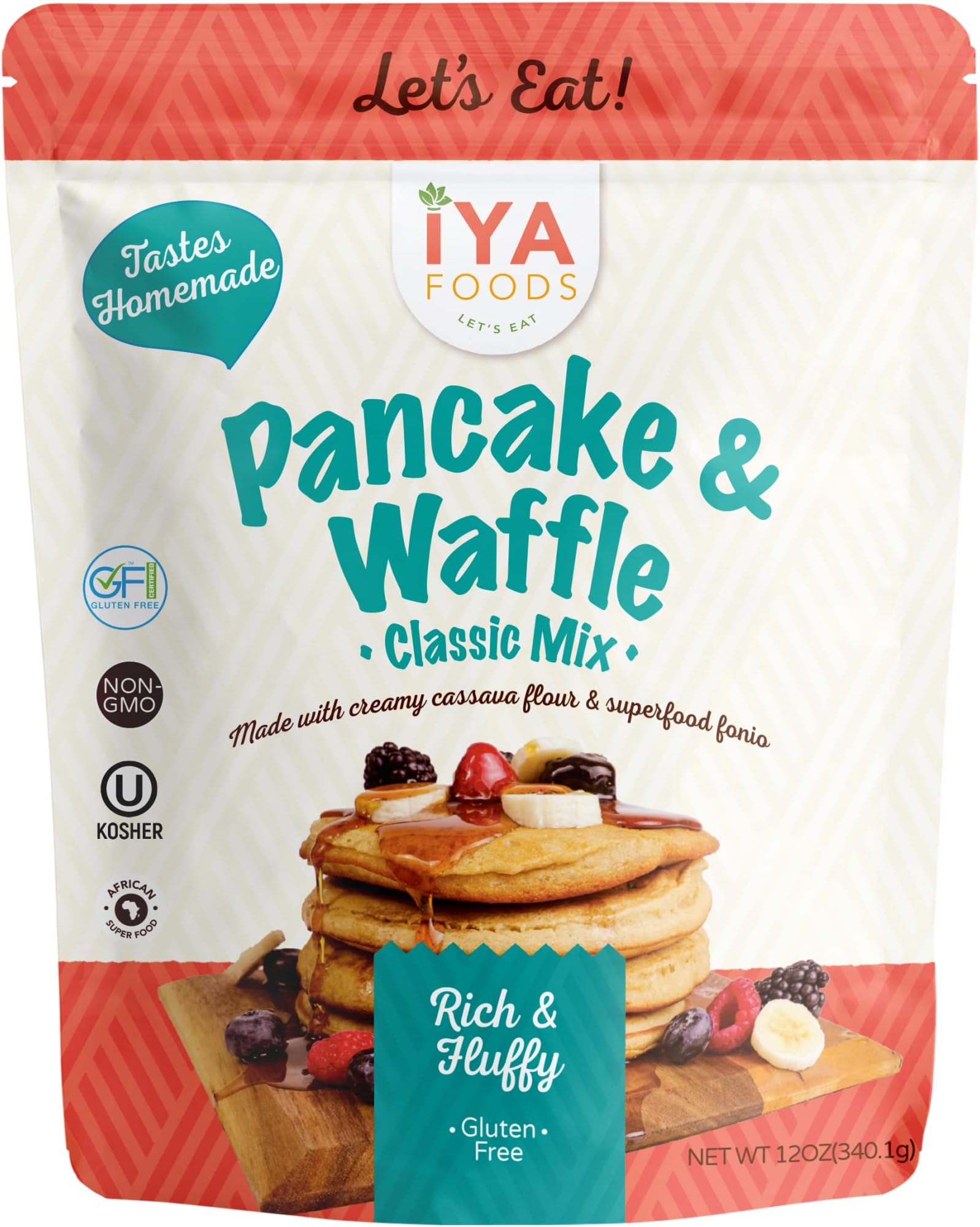 Iya Foods Gluten Free Pancakes & Waffles Mix, Certified Gluten Free, Kosher Certified, Non-GMO | Includes Premium Cassava & Superfood Fonio, 12oz (Pack of 1)