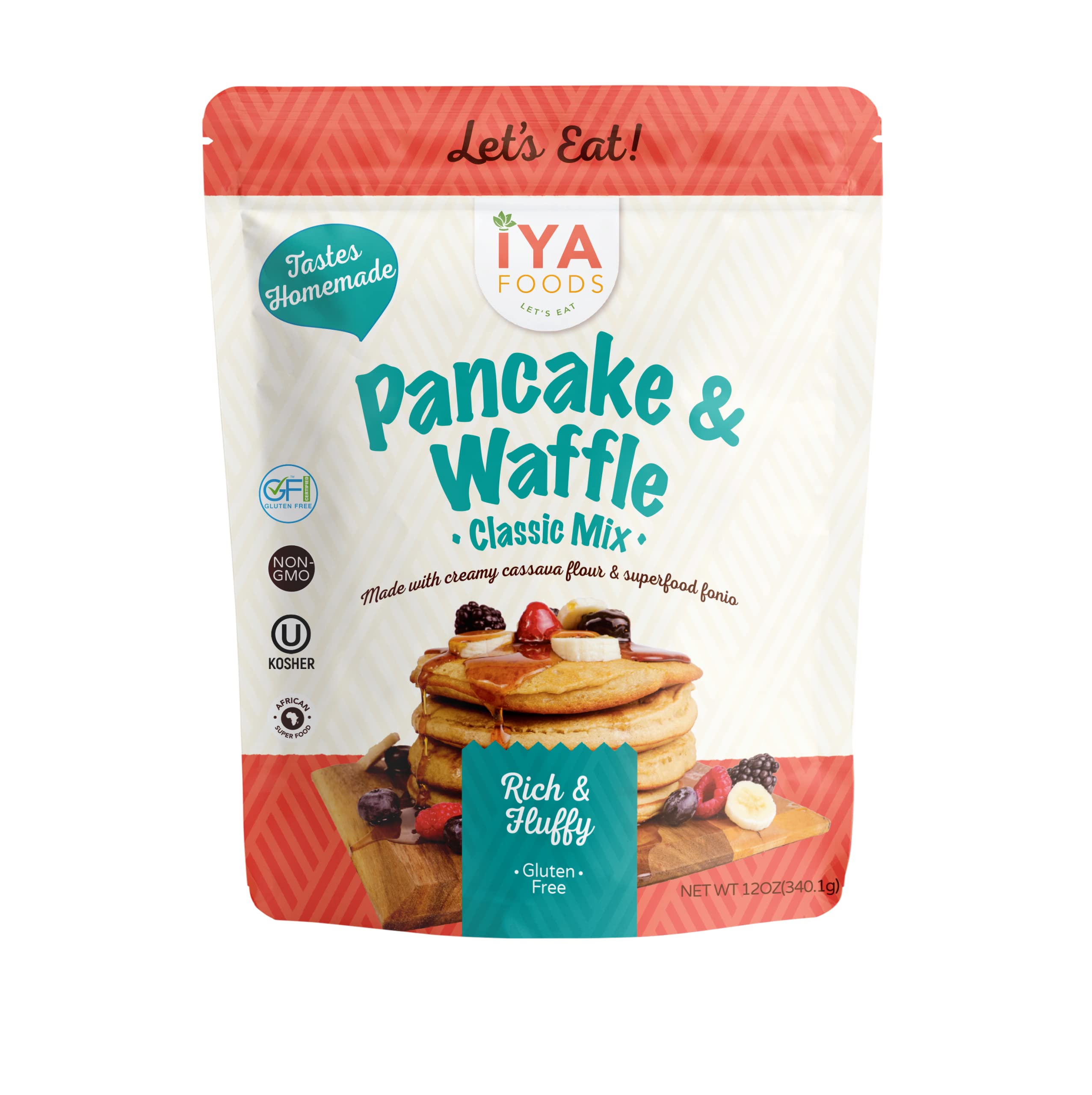 Iya Foods Gluten Free Pancakes & Waffles Mix, Certified Gluten Free, Kosher Certified, Non-GMO | Includes Premium Cassava & Superfood Fonio, 12oz (Pack of 1)