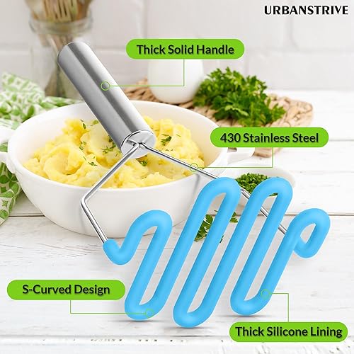Miniatura 45 de Urbanstrive Herramienta de cocina de silicona antiarañazos, triturador de patatas, triturador de patatas, de acero inoxidable, envuelto en silicona