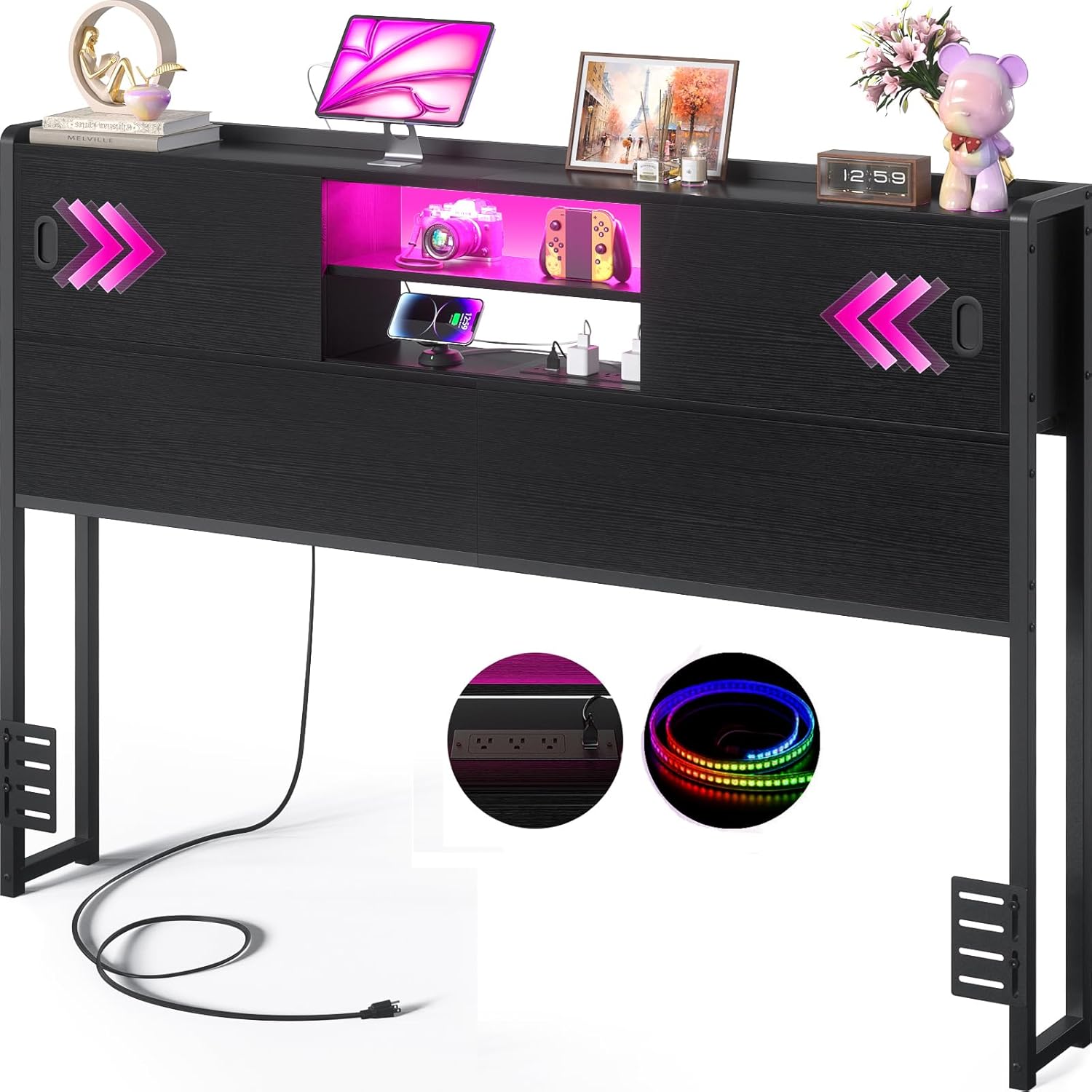 Homieasy Headboard for Queen Size Bed with Storage, Sturdy Bookcase Headboards with Outlet, USB & LED Light, Queen Size Headboard Only, Head Board with Sliding Doors & Bed Adapter for Bedroom, Black