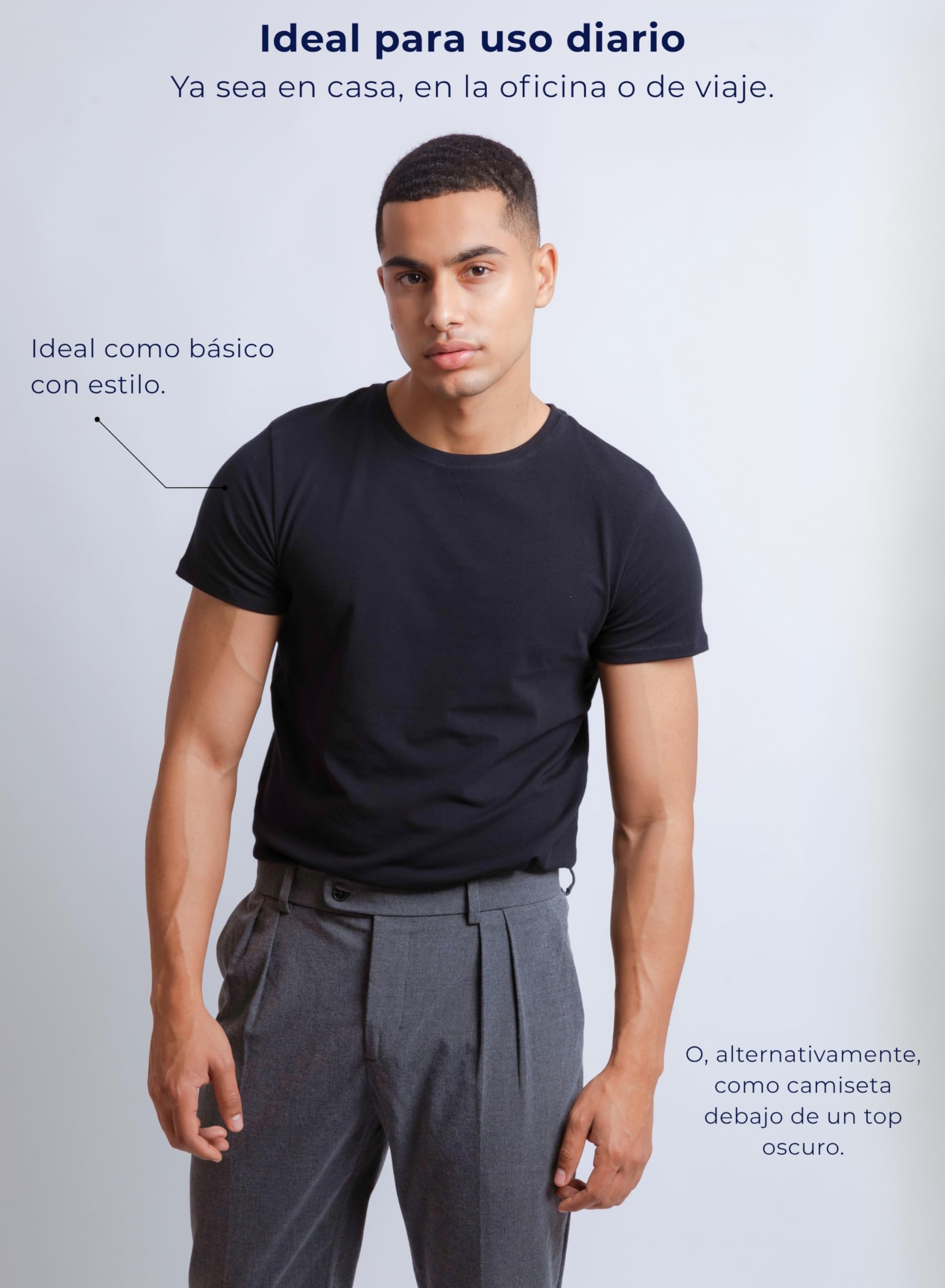 SKIPPER Pack de 3 Camisetas Hombre Stretch Cuello Redondo – Camisetas Interiores Slim Fit de Algodón Elástico, Transpirables y Cómodas, Blanco Negro Beige y Pack Mixto, S–3XL
