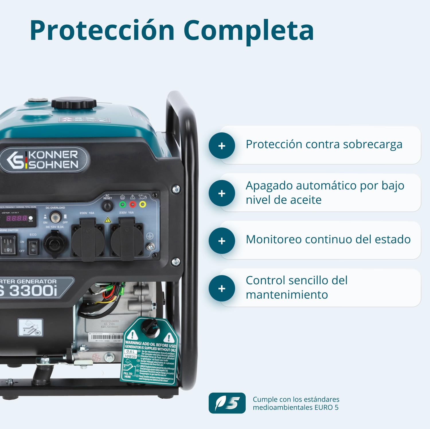 Könner & Söhnen Generador inverter KS 3300i de una potencia máxima de 3300W, 2x Schuko 230 V, pantalla LED, bobinado de cobre, protección ante sobrecargas y cortocircuitos, EURO 5