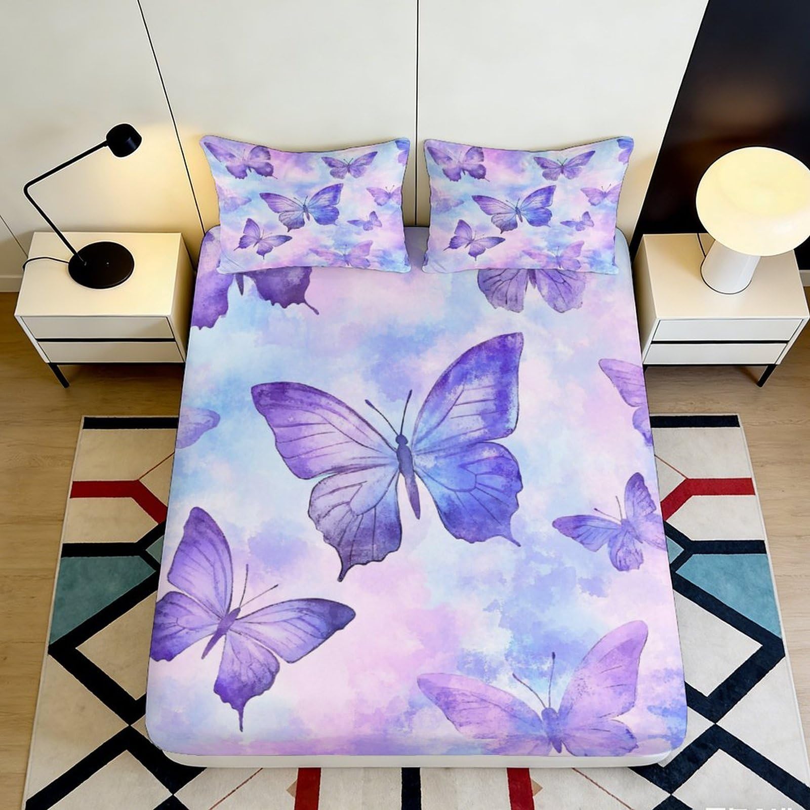 3D Printed Purple Butterfly Fitted Sheet Microfiber Soft Breathable Watercolor Bed Cover for Bedroom Guest Room Mattress Protection 90x200x25cm