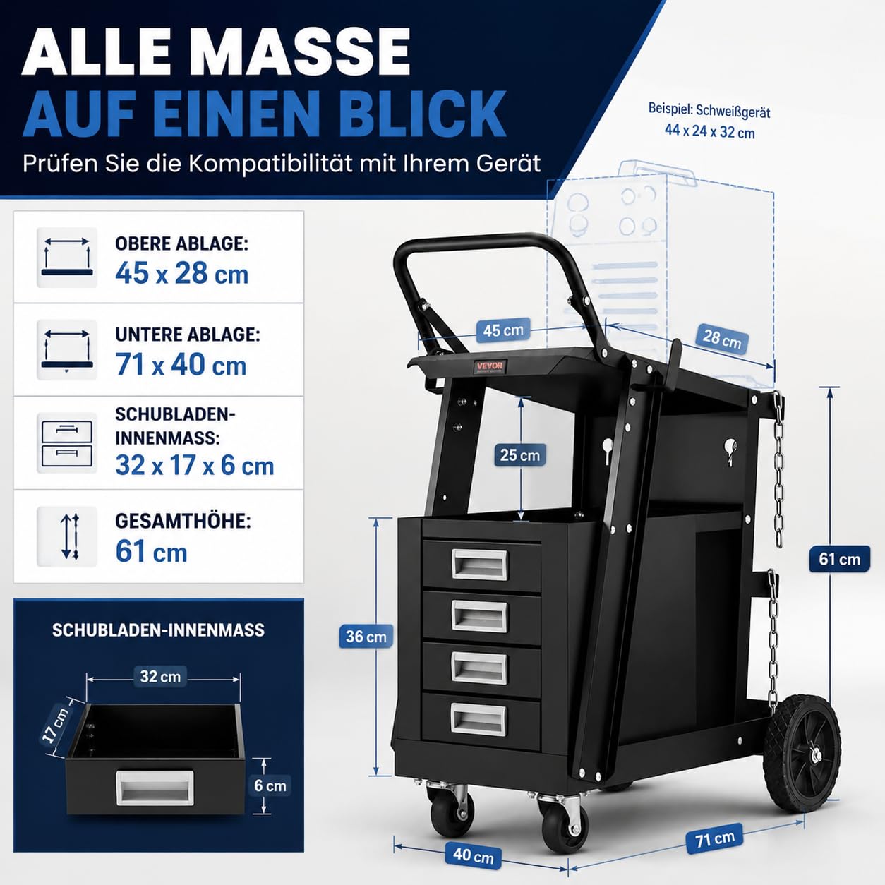 WERKTHOR Carrello Saldatrice Black Basic 100 kg 4 Cassetti Supporto Bombola Gas Sicurezza