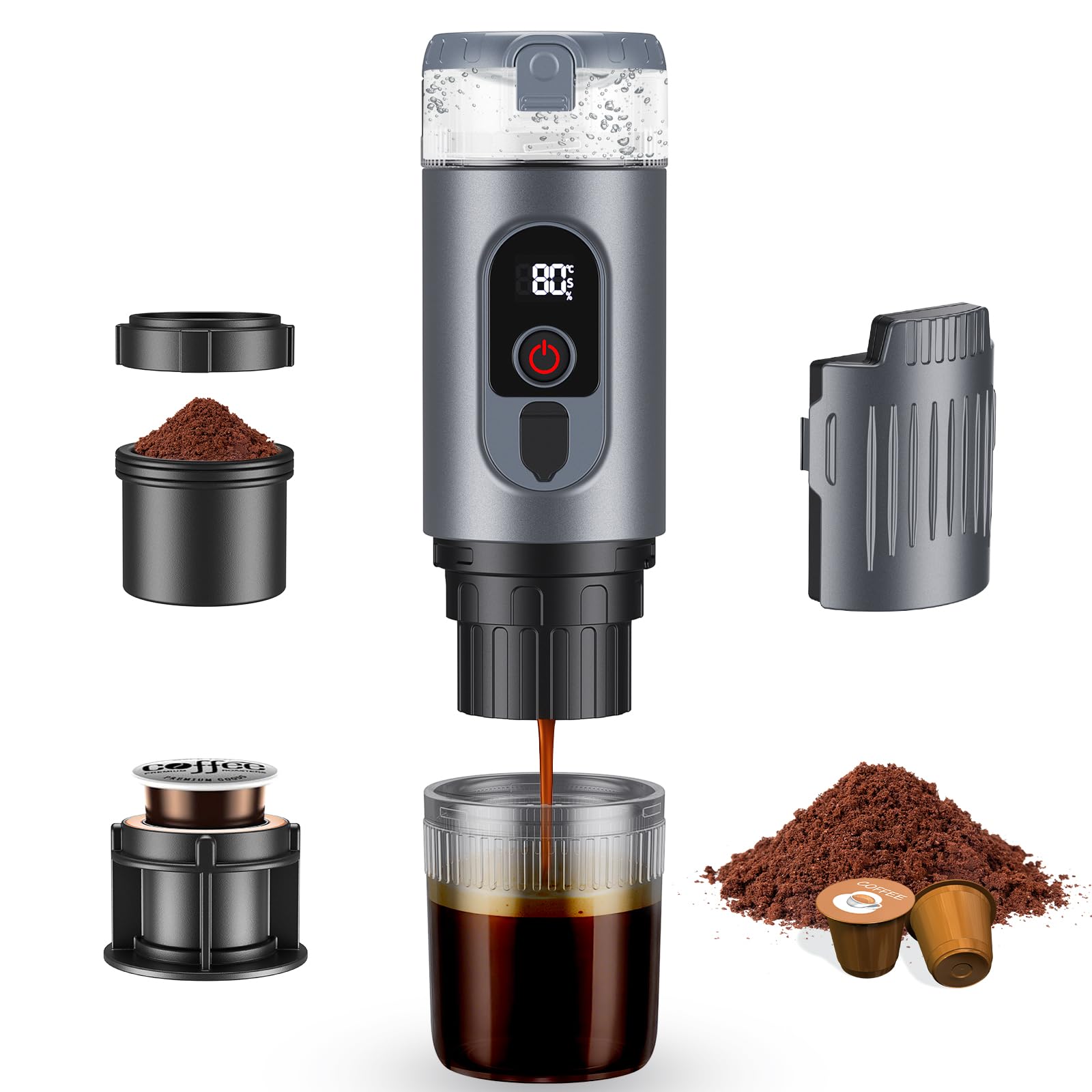 Macchina da caffè portatile 2 in 1 con batteria da 7650 mAh, pressione di 20 BAR, estrazione a caldo/freddo, per capsule e caffè macinato, portatile per ufficio, viaggi e campeggio (Grigio)