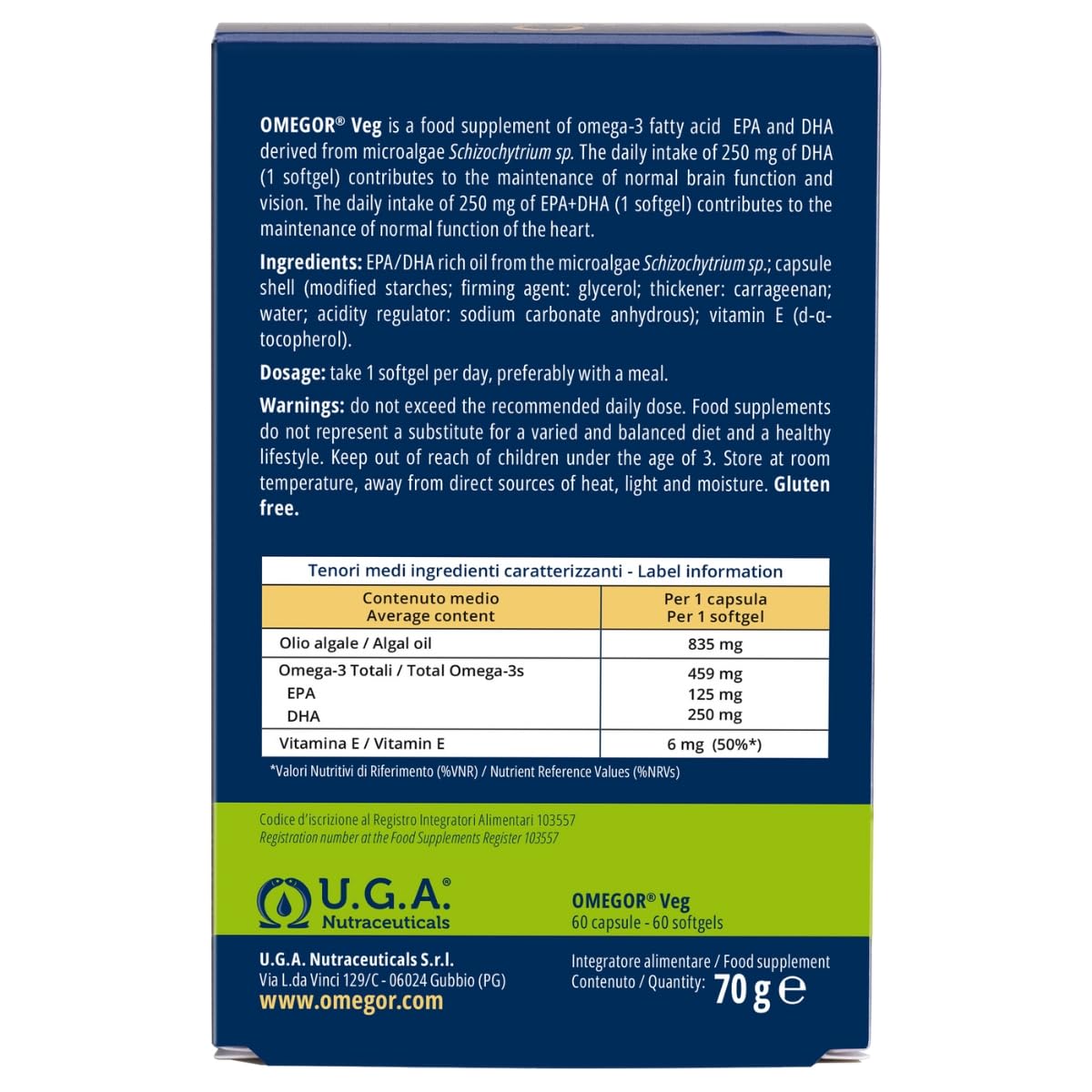 Omega 3 Vegano OMEGOR Veg (60 Cápsulas) Omega3 Algas Marinas Certificado IFOS y Vegan Society - EPA y DHA con Vitamina E