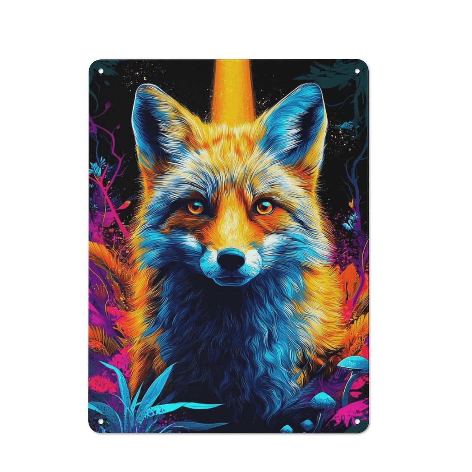 Junmoney Colorful Fox In Fantasy Forest Farmhouse Metal Sign With Design 40X30cm, Rustic Rustic Kitchen Decor For Dining Room, Cafe, Entryway Or Family Room