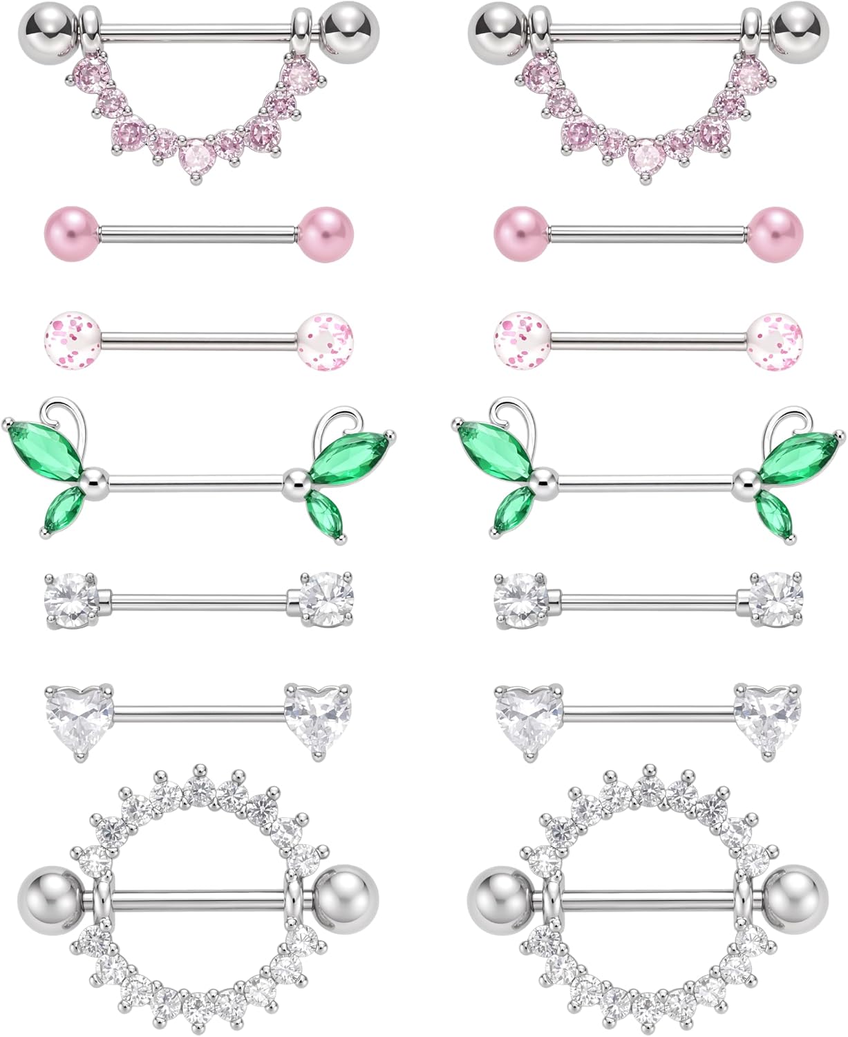 G&O JFU 7 Pairs 14G Nipple Rings Set – Stainless Steel Straight Barbell with CZ Stones, Gold Plated & Silver Tone, Butterfly Back Pink Nipple Piercing Jewelry for Women