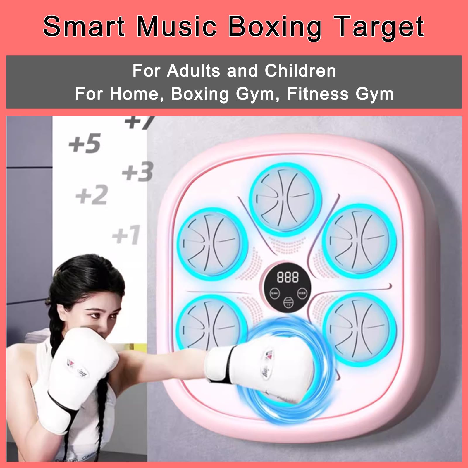 Muzyczna maszyna bokserska dla dorosłych i dzieci, montowany na ścianie cel bokserski, inteligentny odtwarzacz muzyczny Bluetooth, do użytku w pomieszczeniach, siłowni, sali bokserskiej,Różowy