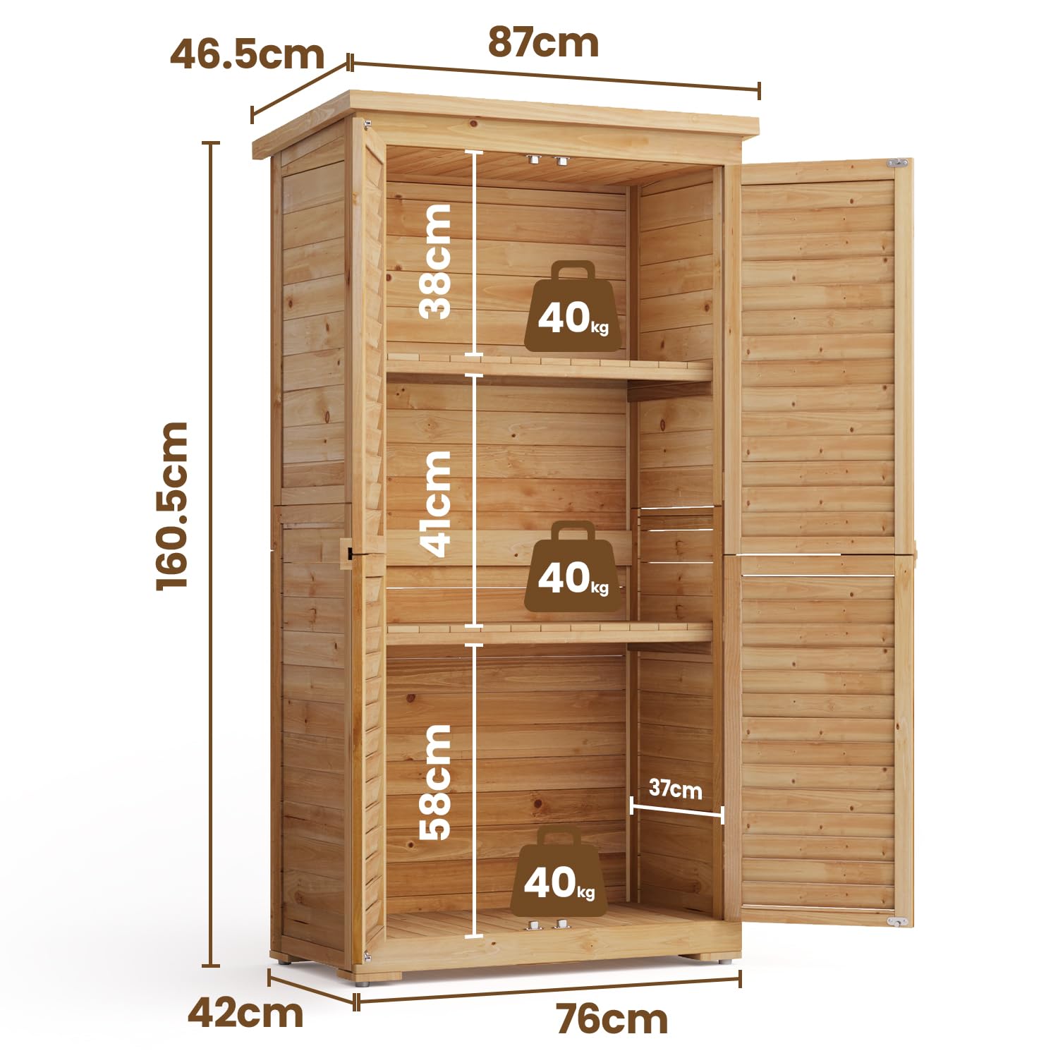 Armadio da Giardino in Legno 160 cm, Resistente agli Agenti Atmosferici con Tetto Inclinato e Dispositivo Bloccabile, Armadio per Attrezzi Esterno 87x46.5x160.5 cm Naturale