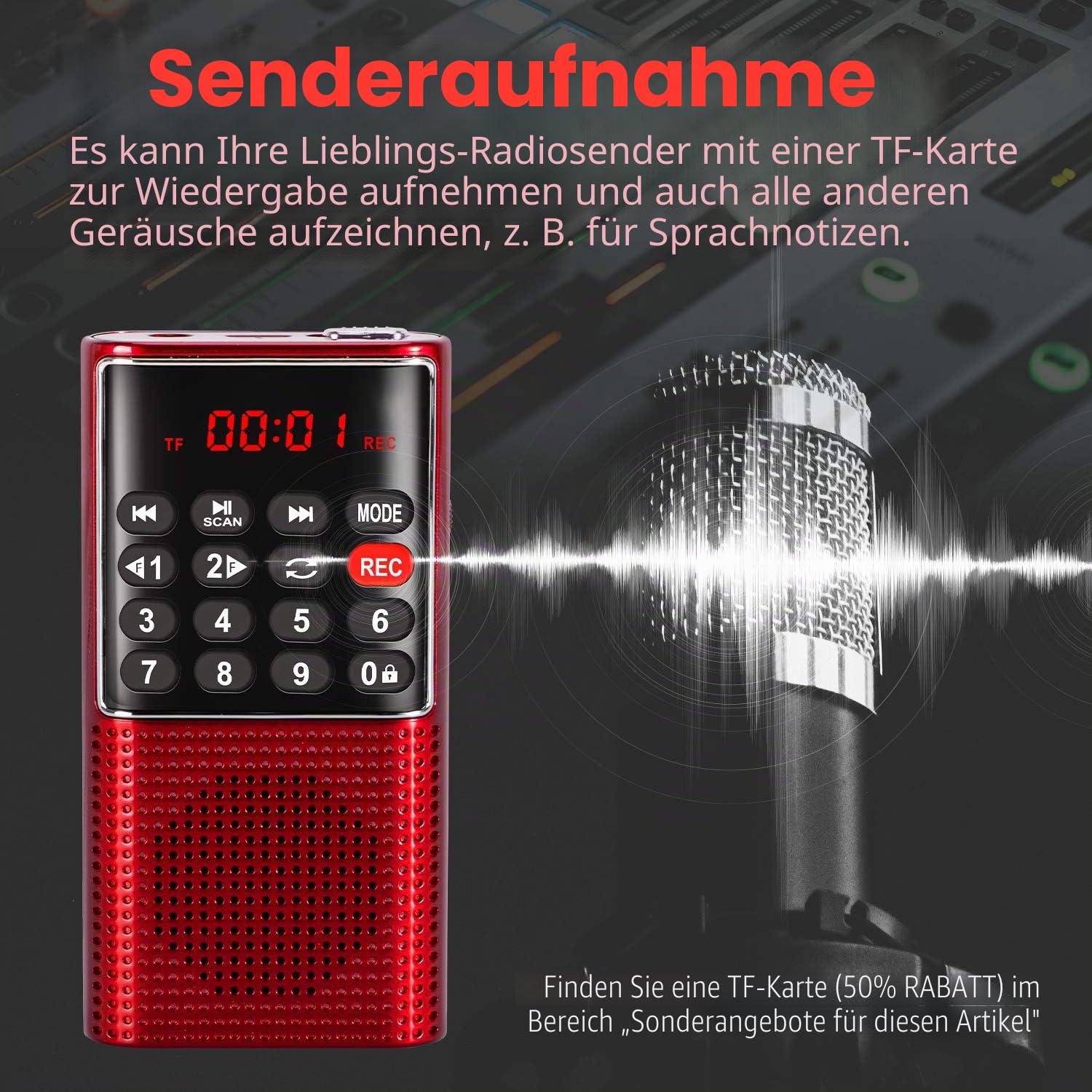 PRUNUS J-328 Taschenradio FM/UKW, Digital Radio Klein mit Rekorder, Kofferradio Mini Radio mit Akku Wiederaufladbarer, SD/TF/AUX MP3-Walkman Fm Radio, Tastensperre zum Joggen, Wandern, Reisen(Rot)