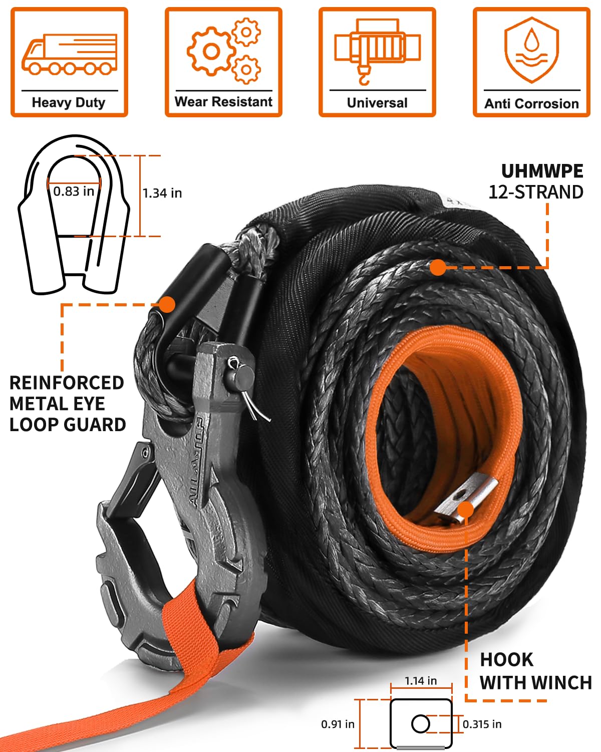Snapklik.com : Synthetic Winch Rope w/Hook & Isolator, 3/8in X 92ft ...