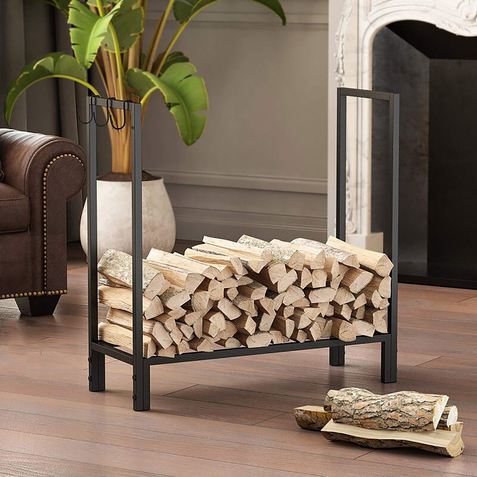 Portalegna da ardere di Grandi Dimensioni per Esterni/Patio/terrazza/Cortile, Supporto per Legna da ardere in Metallo Resistente, Alto 75 cm, con 3 Ganci, Nero,