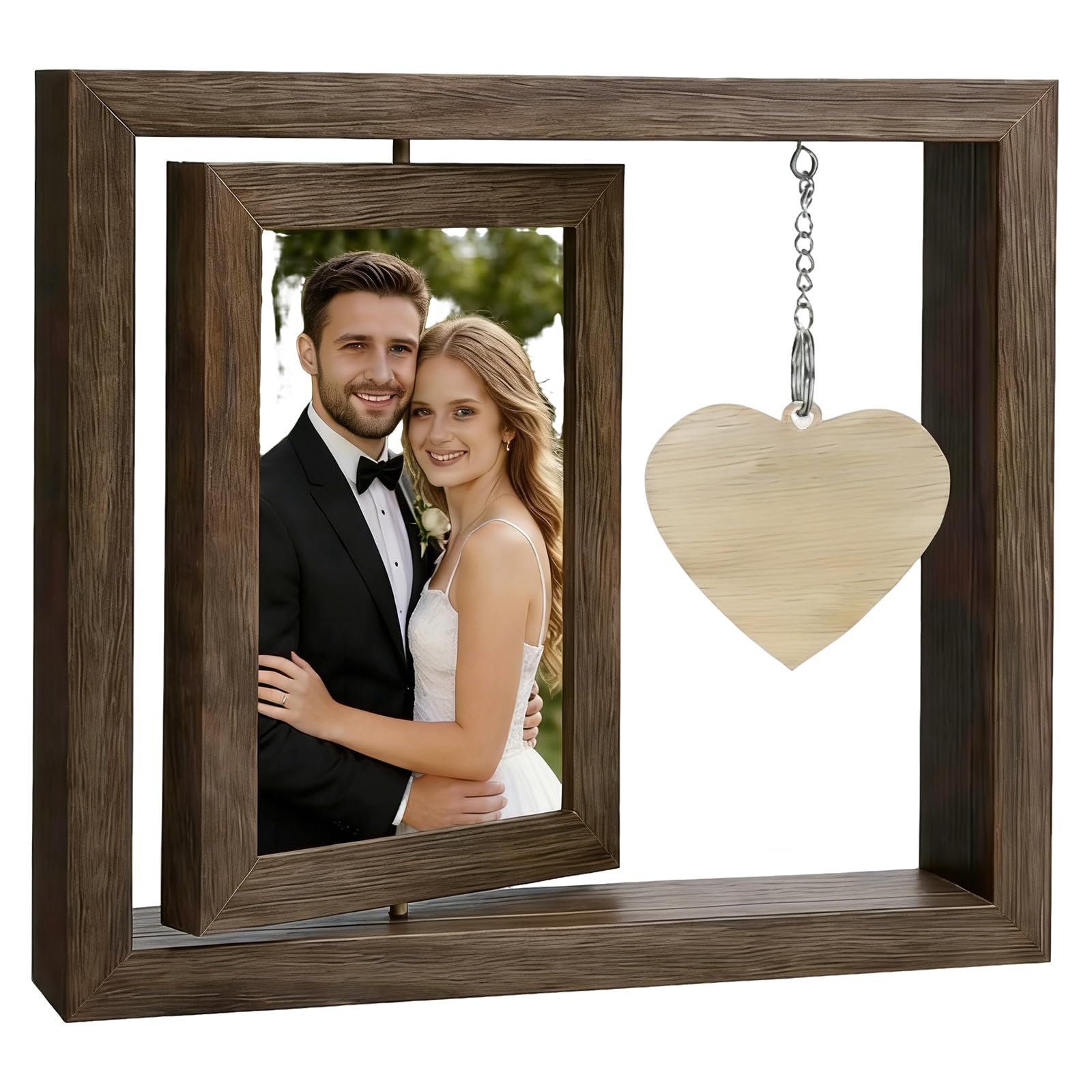 Cadre photo rotatif en bois double face avec pendentif cœur pour table