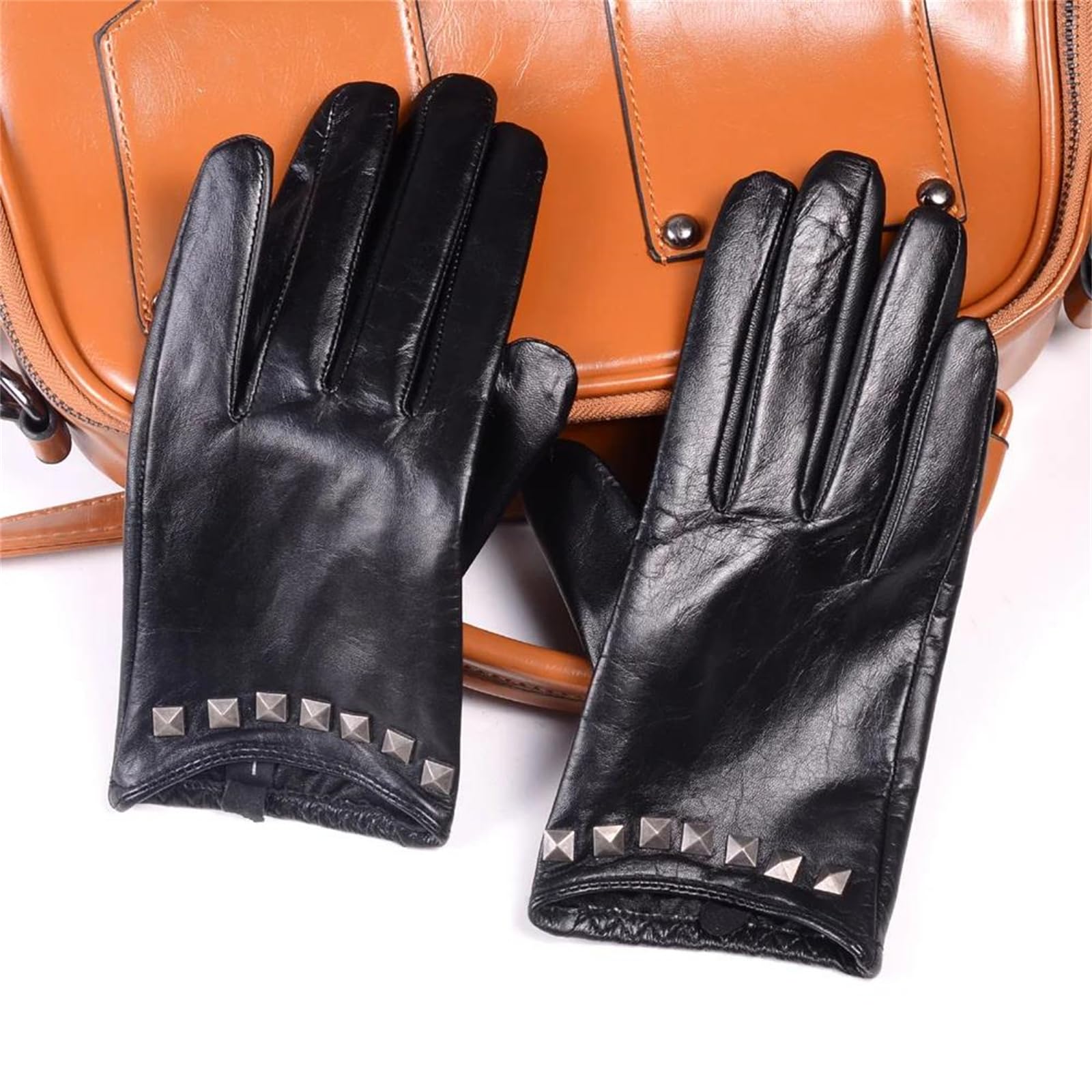 Guantes de piel de cabra auténtica para mujer, punk, remache corto, para montar en motocicleta, conducir, formal