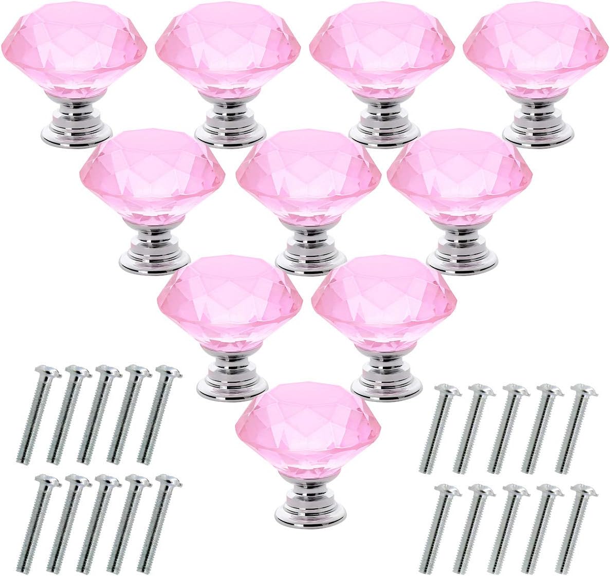 Akstore 10 Pcs Crystal Glass Cabinet Knobs 30mm Diamond Shape Drawer Kitchen Cabinets Dresser Cupboard Wardrobe Pulls Handles (Pink)