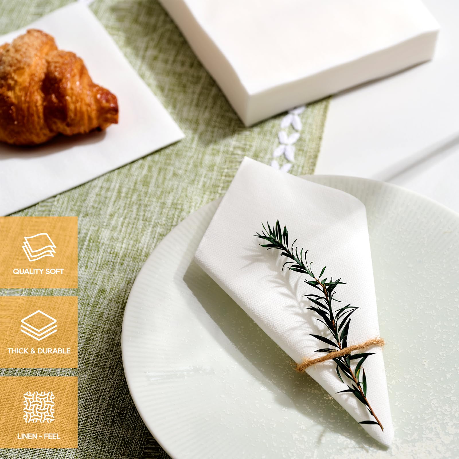 FOCUSLINE 100 servilletas de cóctel desechables con tacto de lino, servilletas cuadradas blancas para bebidas, suaves y absorbentes, servilletas de papel para fiestas, bares, restaurantes, cafeterías,