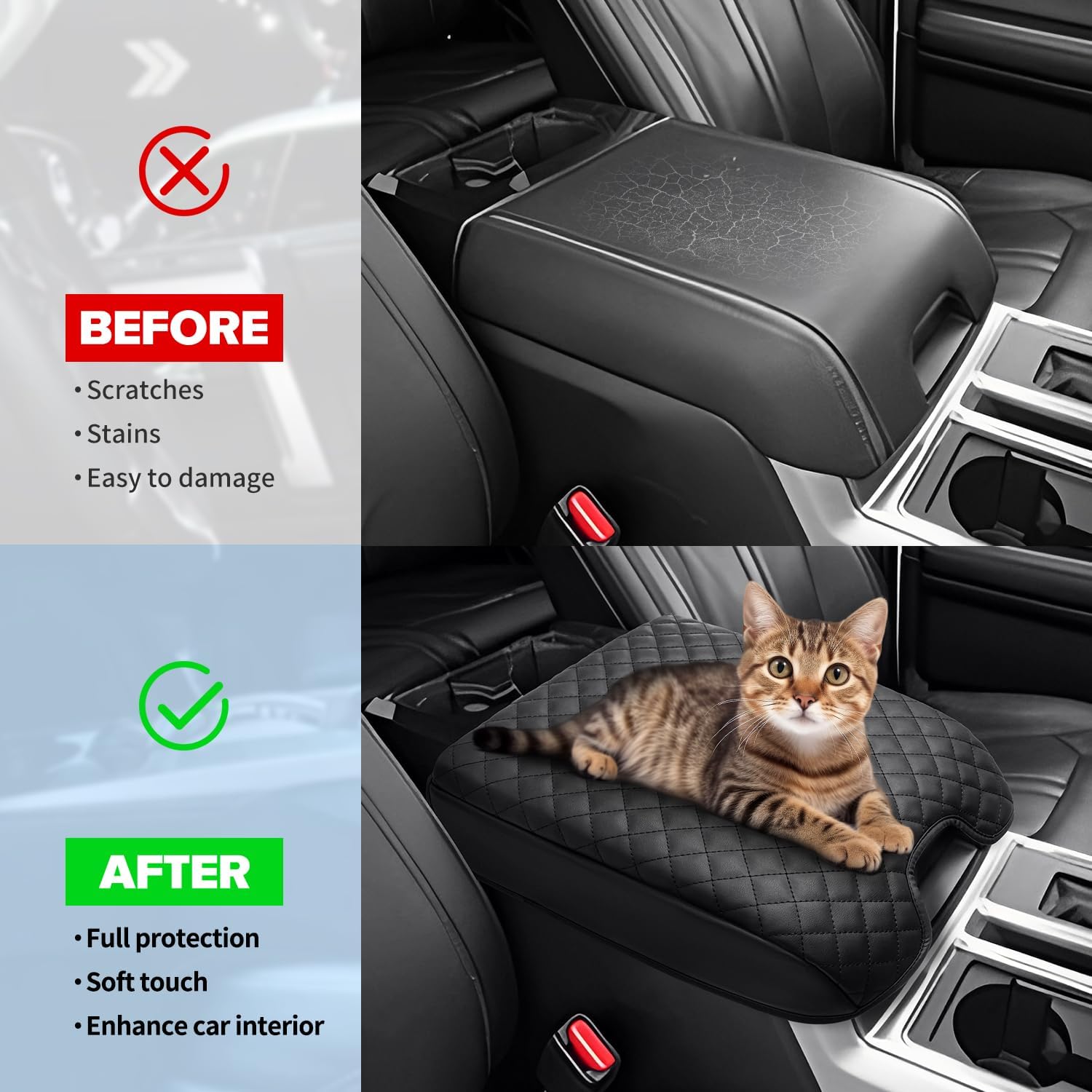 Center Console Cover Compatible with Ford F150 2015-2020/2017-2022 F250 F350 F450 / 2018-2024 Expedition Accessories, Premium Leather Car Armrest Cover Pad (Bucket Seat Only)