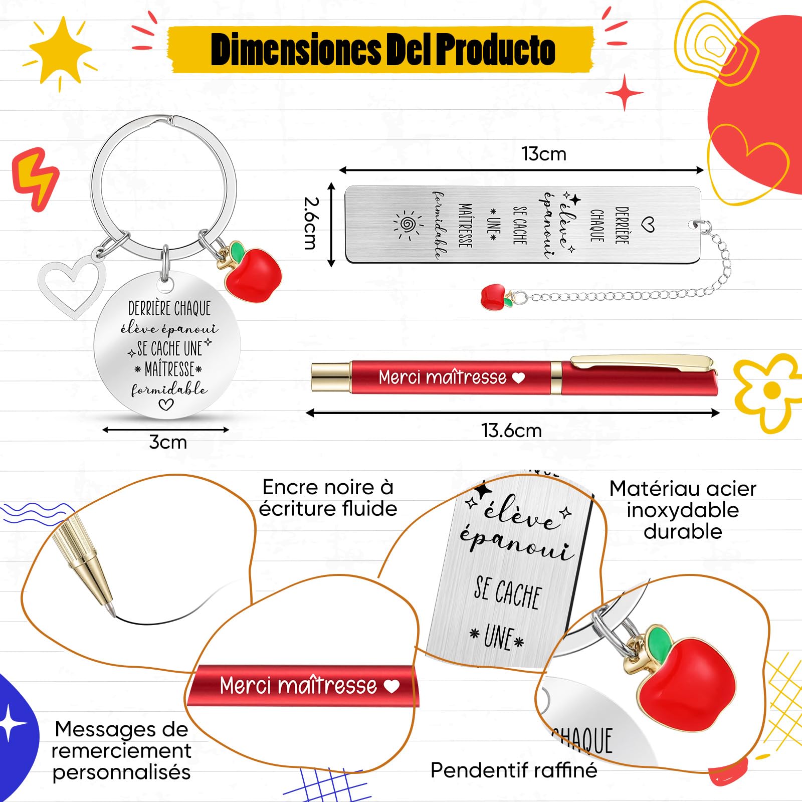 Sinmoe 4 Pièces Cadeau Merci Maîtresse Professeur Enseignant Cahier à Spirale de Format A6 Marque-Page Porte-Clés Stylo Rétractable pour École Fin d'Année Cérémonie de Remise des Diplômes