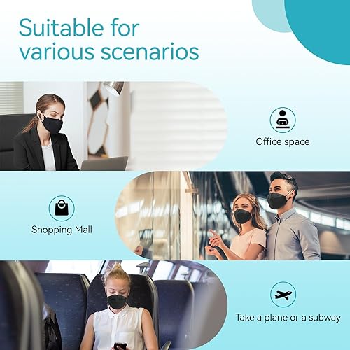 Miniatura 4 de 60 máscaras KF94, mascarillas negras desechables, 4 capas de protección de eficiencia del filtro  95%, marco nasal de doble línea, correas para las