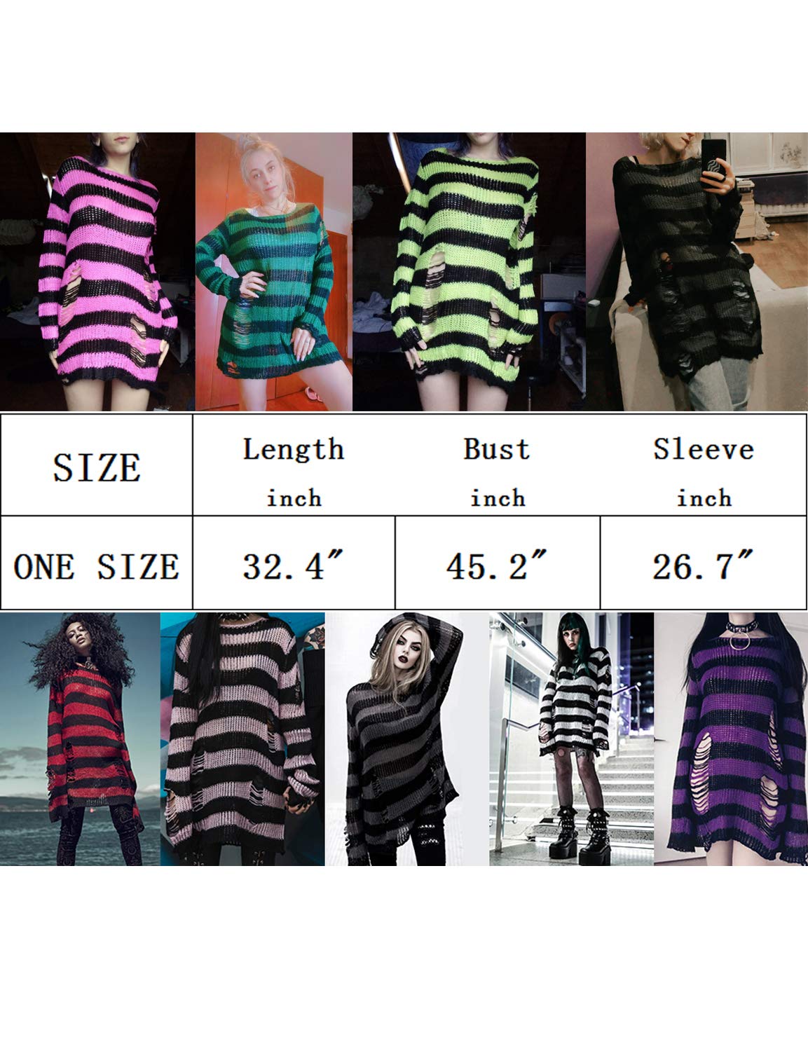 Vinsekep Women's See Through Hole Ripped Striped Long Knit Pullover Dress Sweaters Shirt: One Size Black&grey