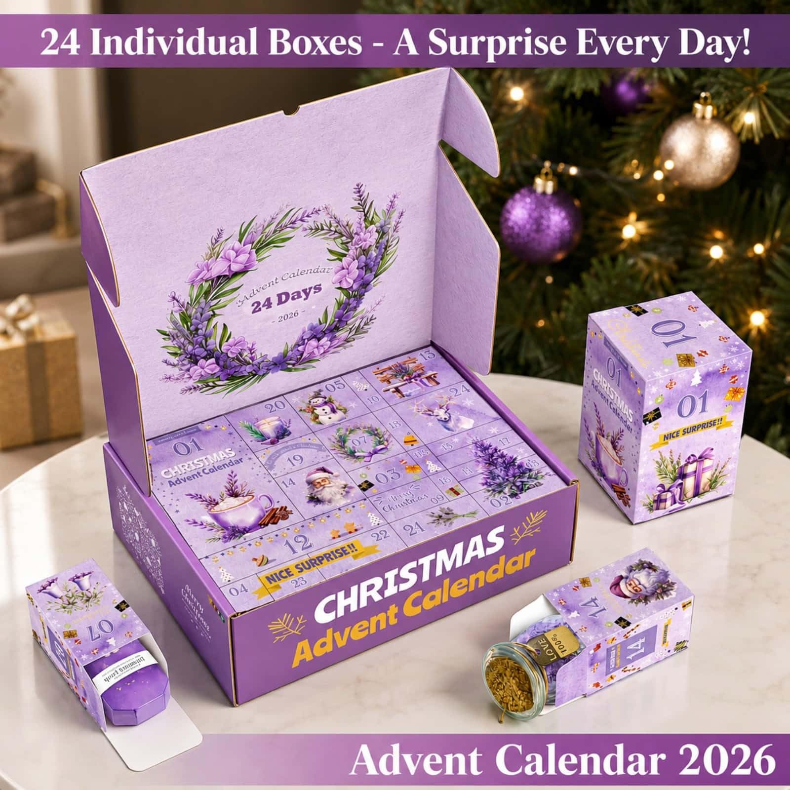 Adventskalender 2025 Erwachsene Frauen - 24 Tage Weihnachten Adventskalender für Mama, Frau, Freundin, Schwester, Sie - Lavendel Spa Geschenke Korb Set Enthält Kaffeetassen, Duftkerze, Badesalz, Seife