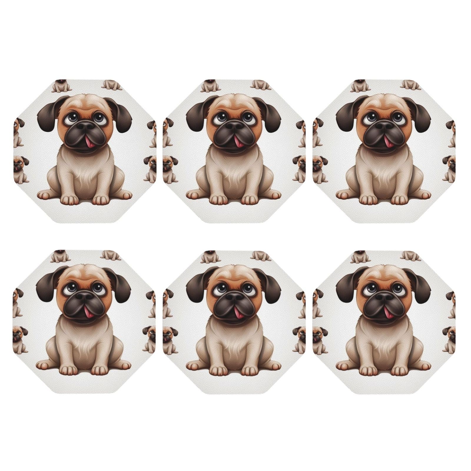 6pcs Leather Coasters for Drinks, Cartoon Pug Drink Coasters for Tabletop Protection, 4" Cup Coasters for Coffee Table Decor, Non-Slip Drinking Cup Mat for Hot Or Cold Drink