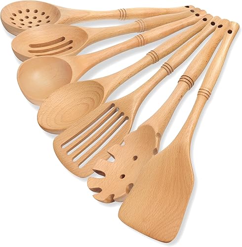 comfoyar Cucharas de madera para cocinar, juego de 7 utensilios de cocina con espátula y cucharón, utensilios de cocina resistentes al calor para