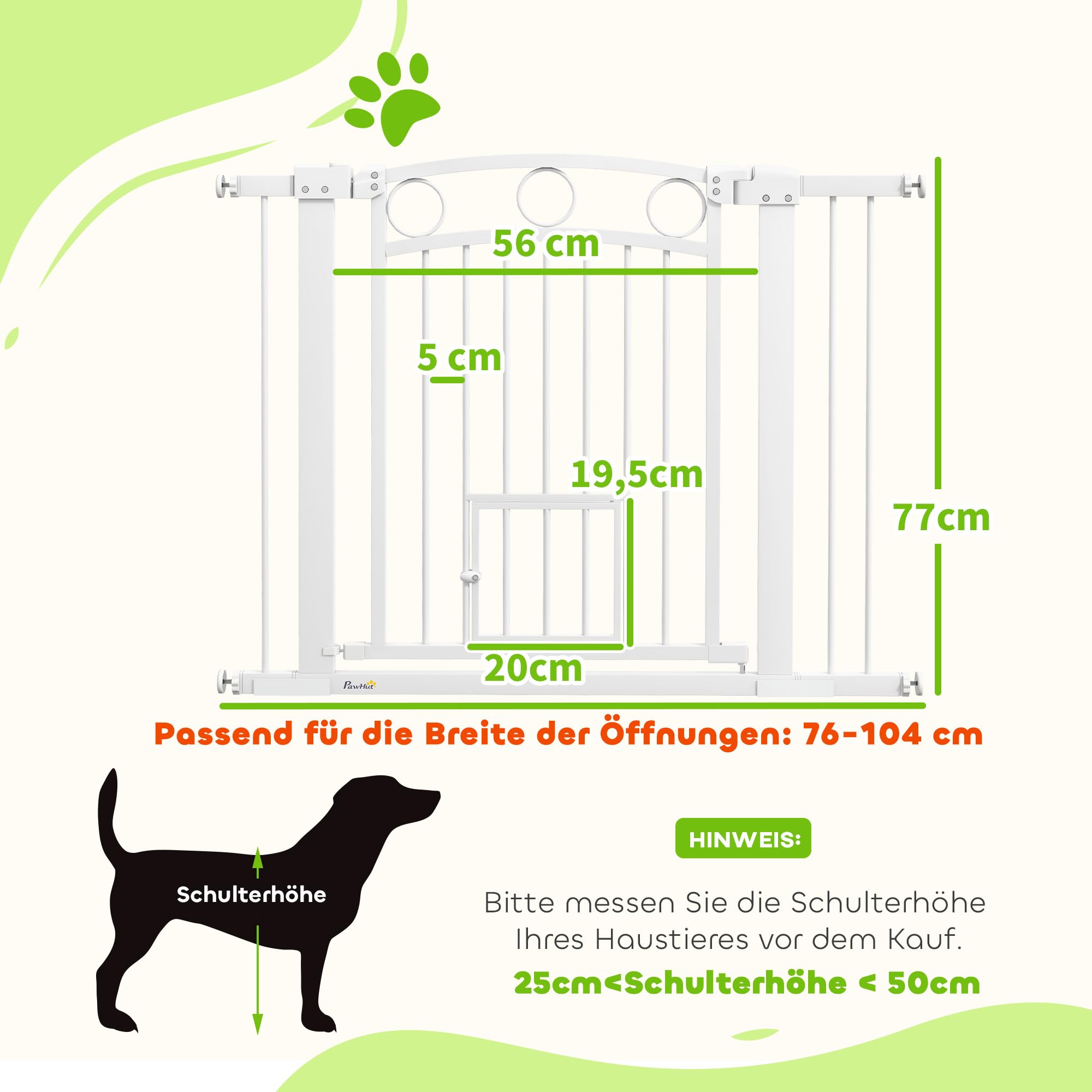 PawHut barierka ochronna do drzwi 77 cm, zabezpieczenie na schody, bramka bez wiercenia, zabezpieczenie na schody dla szerokości 76-104 cm, łatwe otwieranie jedną ręką, stal, biała