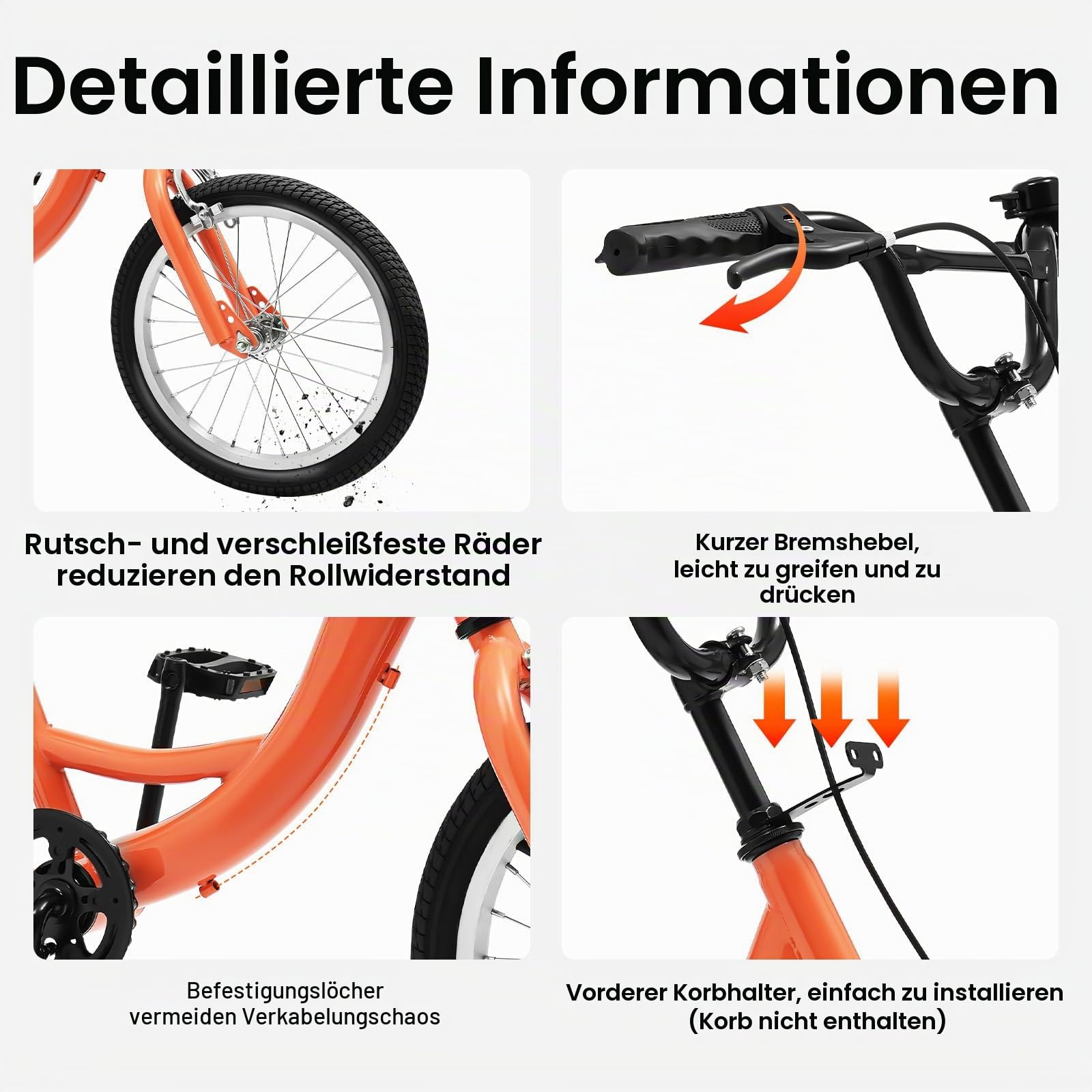 16-Zoll-Kinder-Dreirad, Single-Speed-Dreirad mit Einkaufskorb, Tragkraft 110 lbs, Lastenfahrrad, Klemmbremse, Für Ausflüge, Einkäufe Oder Camping, Hellorange