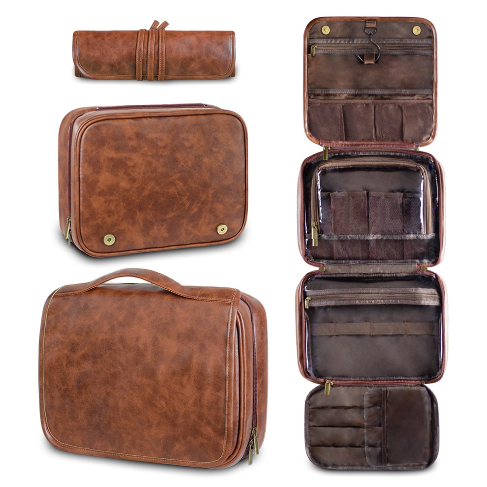 Borsa da Toilette da Appendere Borsa da viaggio in pelle PU da uomo, grande capacità, impermeabile, for cosmetici(Reddish brown)