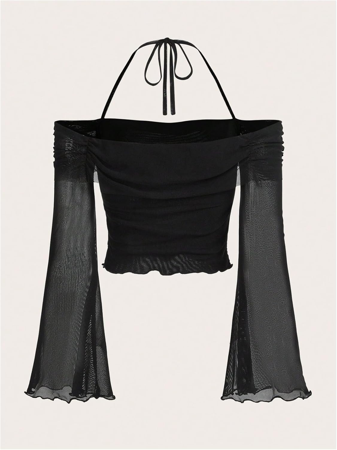 GORGLITTER Women's Bell Sleeve Off The Shoulder Tops Mesh Long Sleeve Ruched Halter Crop Top - Image 2