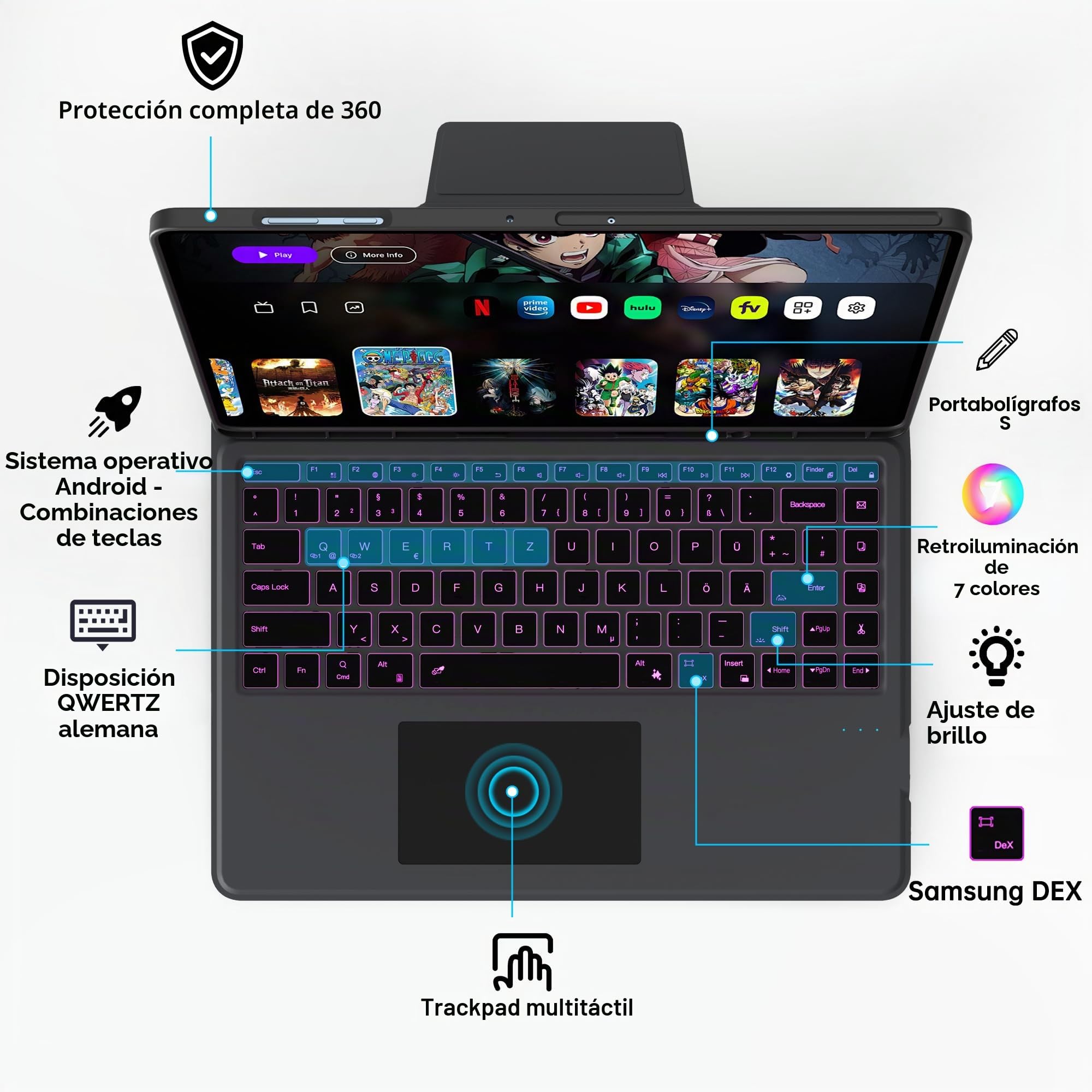 Funda con teclado para Samsung Galaxy Tab S11 Ultra/S10 Ultra/S9 Ultra/S8 Ultra de 14,6 pulgadas con teclado - 7 colores iluminados Folio Tablet Cover con panel táctil -Teclado QWERTZ alemán con