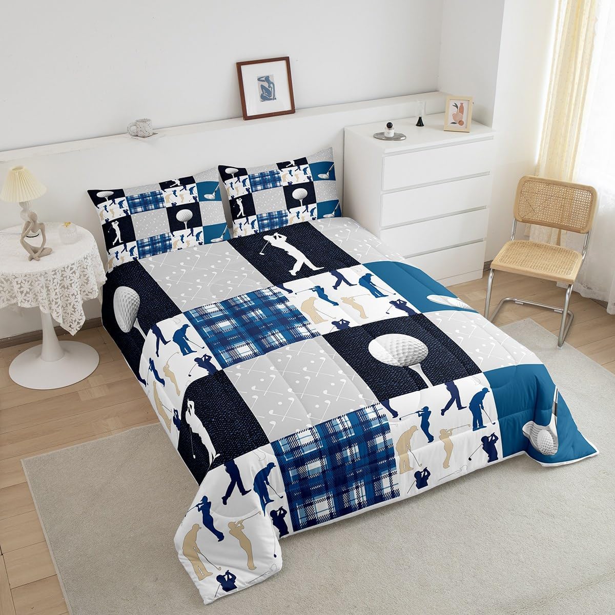 Castle Fairy Ball Sports Comforter Set King Size,Golf Themed Lover Style Bedding Set All Season Quilt Set,Blue Buffalo Grid Geometric Microfiber Polyester Down Comforter