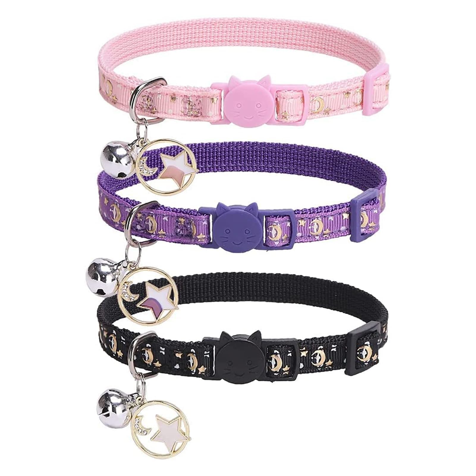 PUPTECK 3 Pack Cat Collar with Bells Breakaway - Luminous Safety Small Kitten Collar Adjustable Moon Star Pink Black Purple, 8-12 in — image 1