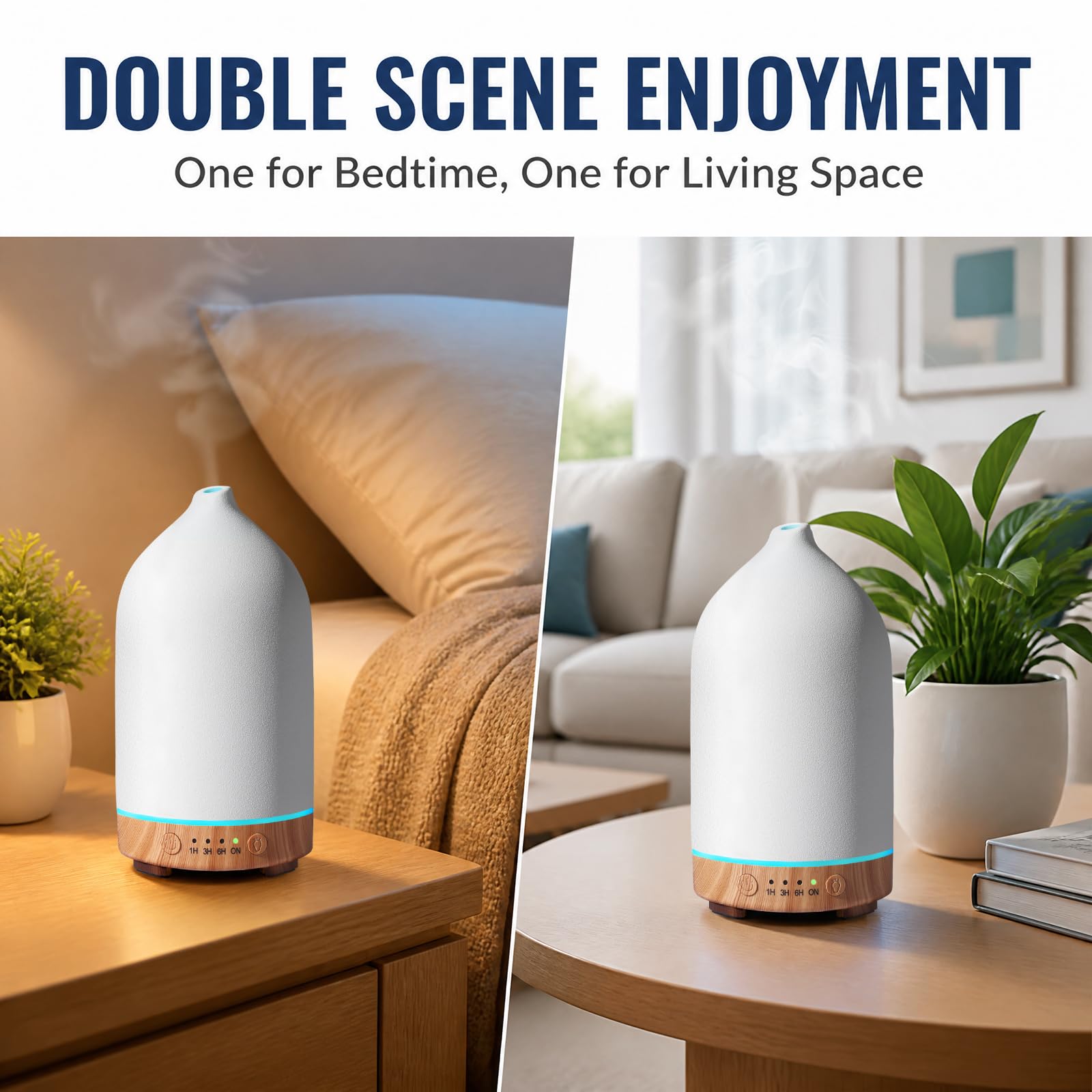 Gooamp Diffusore di oli essenziali in ceramica da 200 ml (set da 2) – Aromaterapia ad ultrasuoni e umidificatore con luci LED a 7 colori, spegnimento automatico, base con venature del legno, timer 1H