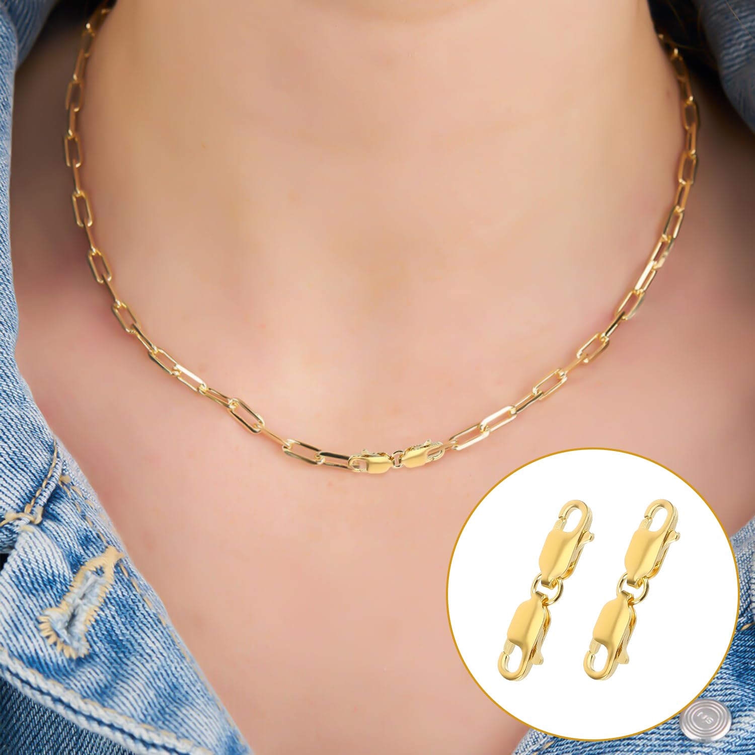 2 chiusure a moschettone doppie, chiusure a moschettone per bracciali, chiusura per gioielli, doppia chiusura per collana, in argento Sterling placcato oro 14 carati, connettore di estensione per la