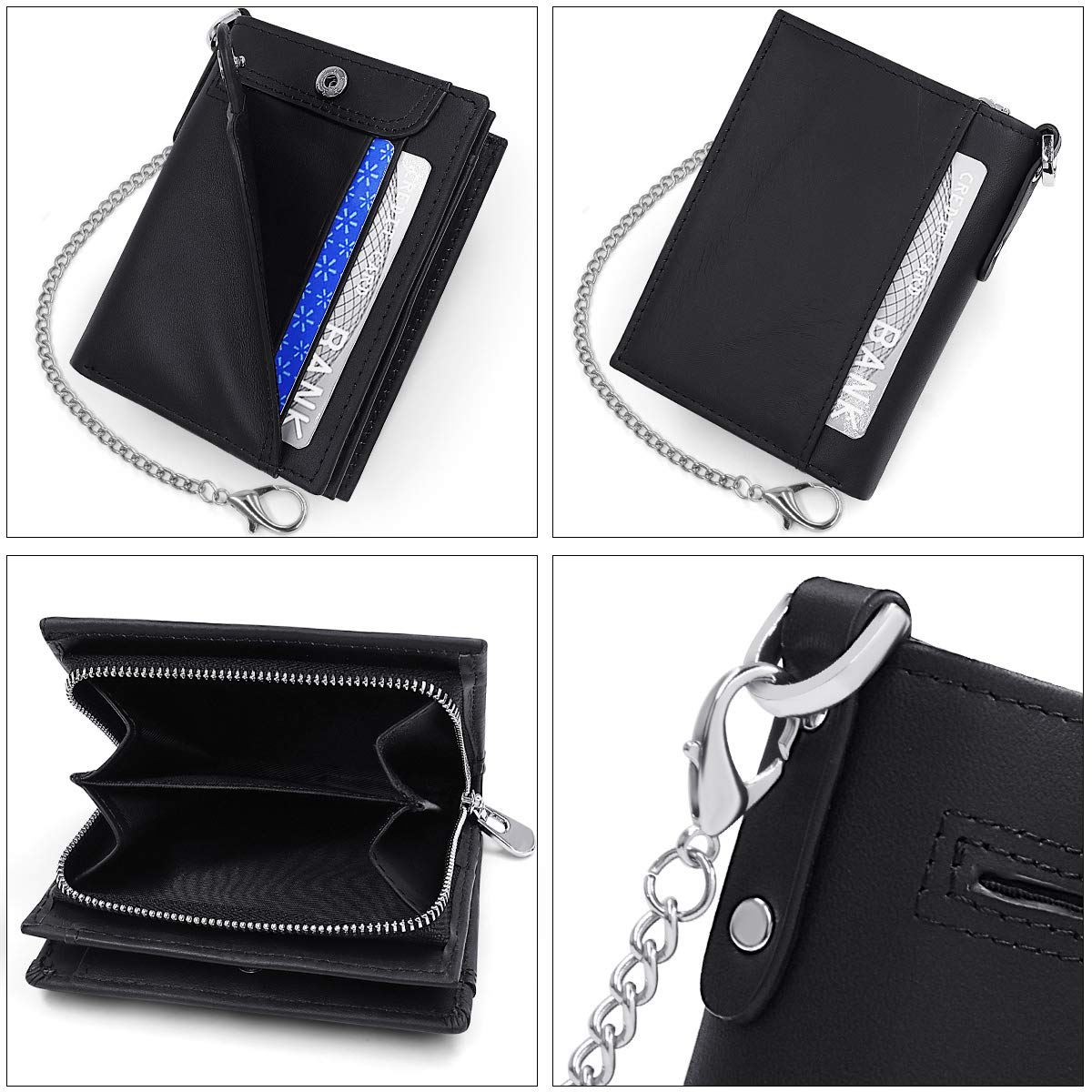 HNOOM Cartera Hombre Piel con Monedero Billetera Hombre con RFID Bloqueo Billeteras Bifold Hombres Monedero Hombre Pequeño con Cremallera 14 Ranuras para Tarjetas Carteras para Hombre con Cadena