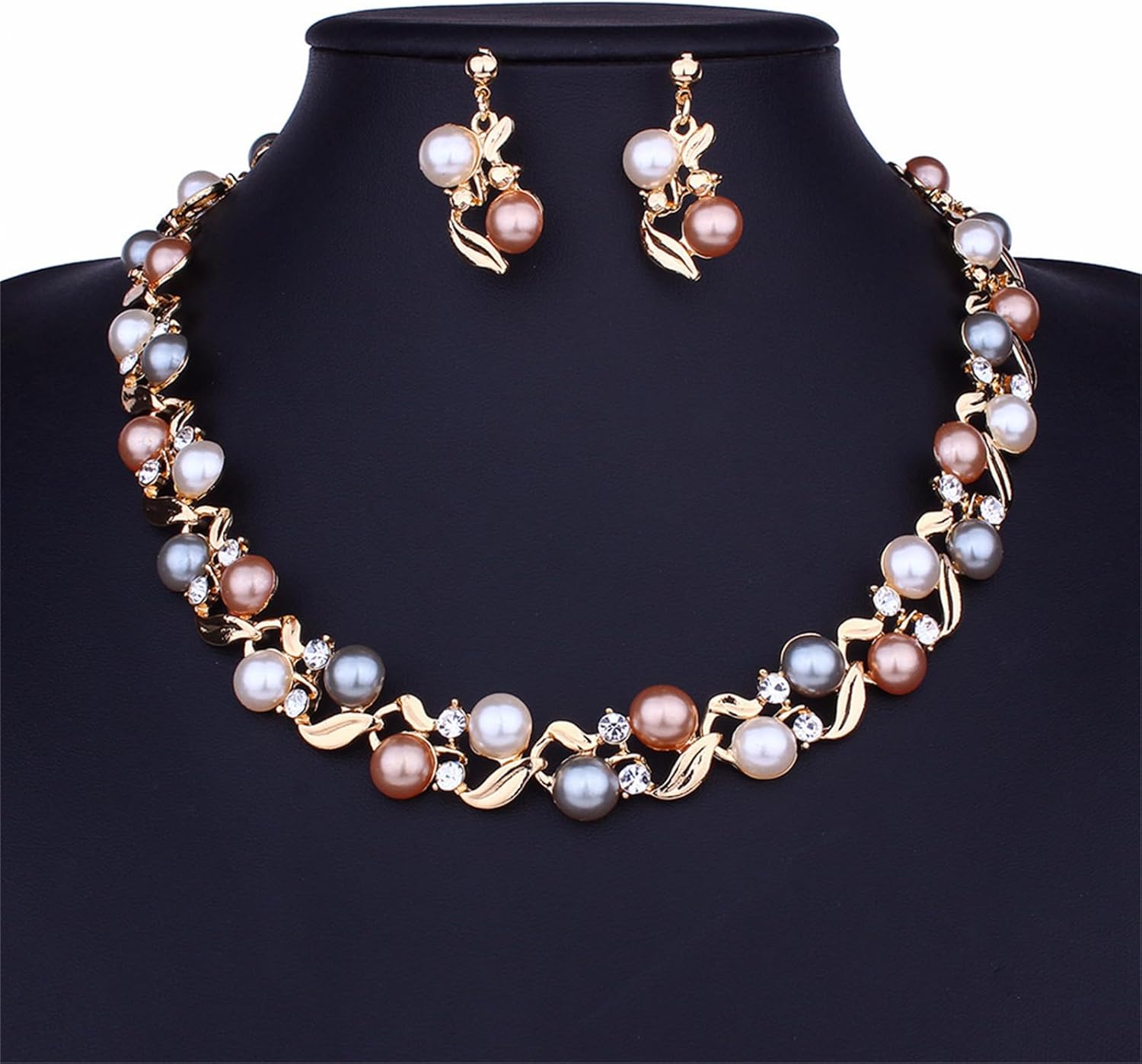 Elegant Pearl Necklace Earring Set for Women Bohemia Crystal Rhinestone Wedding Jewelry with Vine Leaf Design Gold Plated Multi-Color Simulated Pearl Earrings Bridesmaid Bride Gifts - Image 5