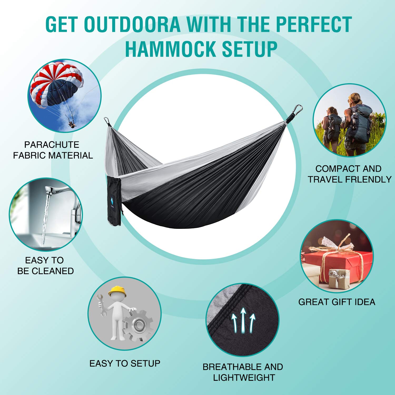 Hamaca para campamento, hamacas portátiles individuales/dobles para senderismo al aire libre, viajes, mochilero, hamaca de nailon 210D para patio trasero y jardín (negro/gris) 5