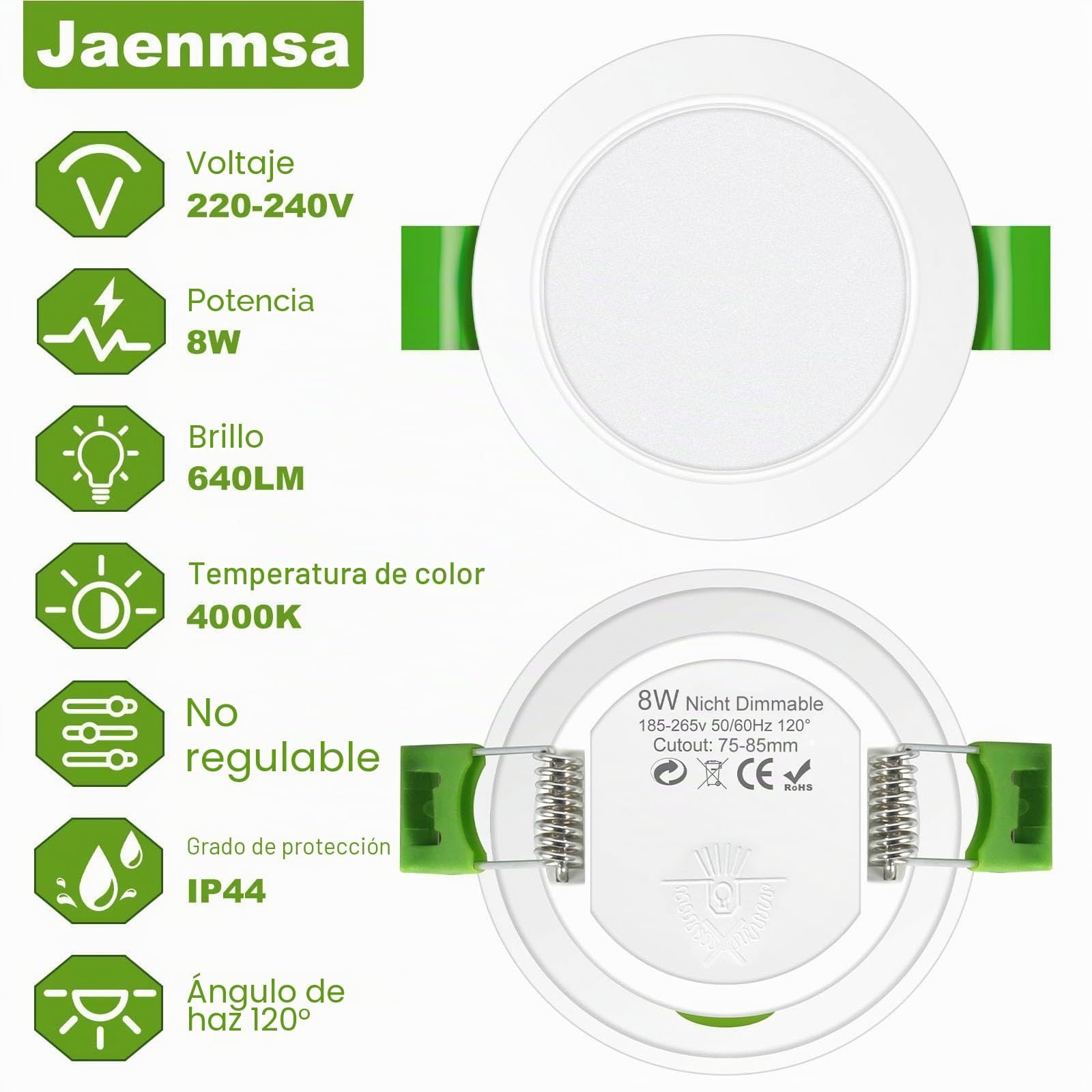 Focos LED Interior 230V 8W Ø75-85mm IP44 No Regulables Downlight Techo Blanco Neutro 4000K Ojos de Buey Juego de 6