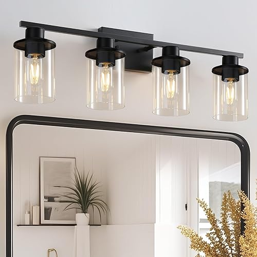 LOUSACE Lámpara de tocador de baño de 4 luces, lámparas de baño negras mate, modernas luces de baño sobre espejo con pantalla de vidrio